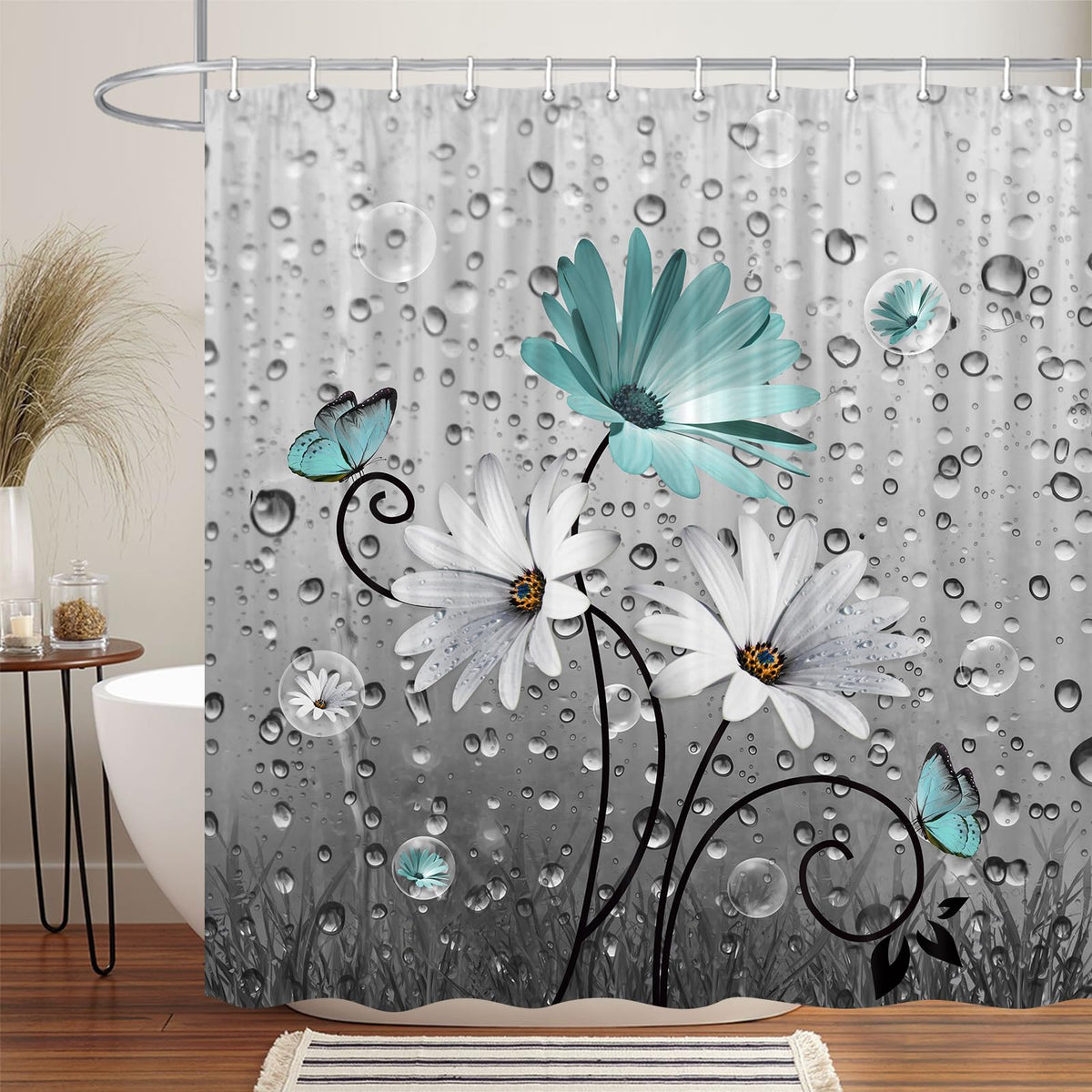 Xguatan Rustic Farmhouse Teal Floral Shower Curtain, Farm Teal Daisy Flowers And Butterfly Shower Curtain For Bathroom, Country
