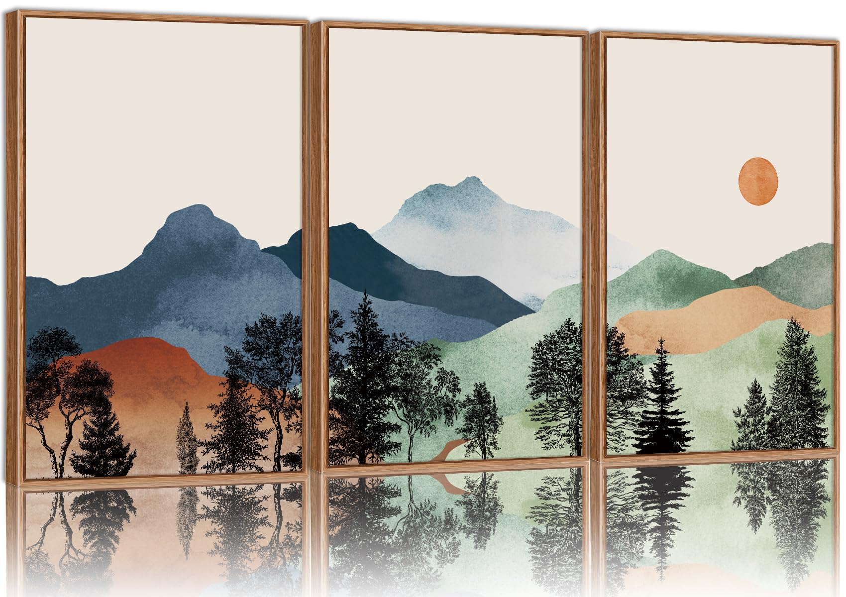 Signinart Boho Mountains Framed Canvas Wall Art Set Of 3, Watercolor Nature Landscape Art Prints, Neutral Modern Sunrise Art Pai