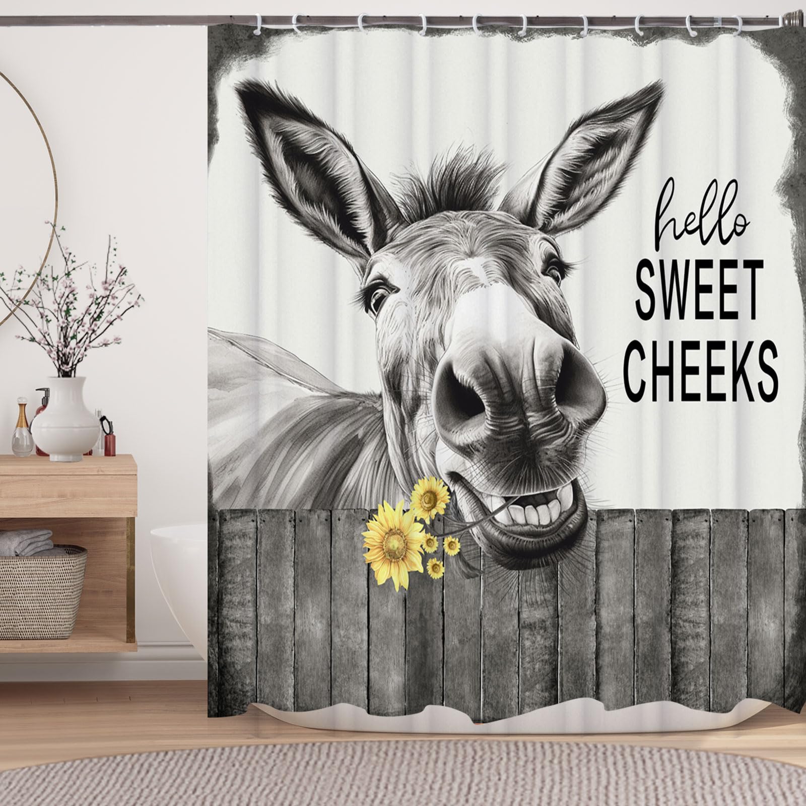 Lkfbsc Funny Donkey Shower Curtain, Black And White Farmhouse Farm Animal 36X72 Shower Curtain Set, Gray Hello Sweet Cheeks Rust