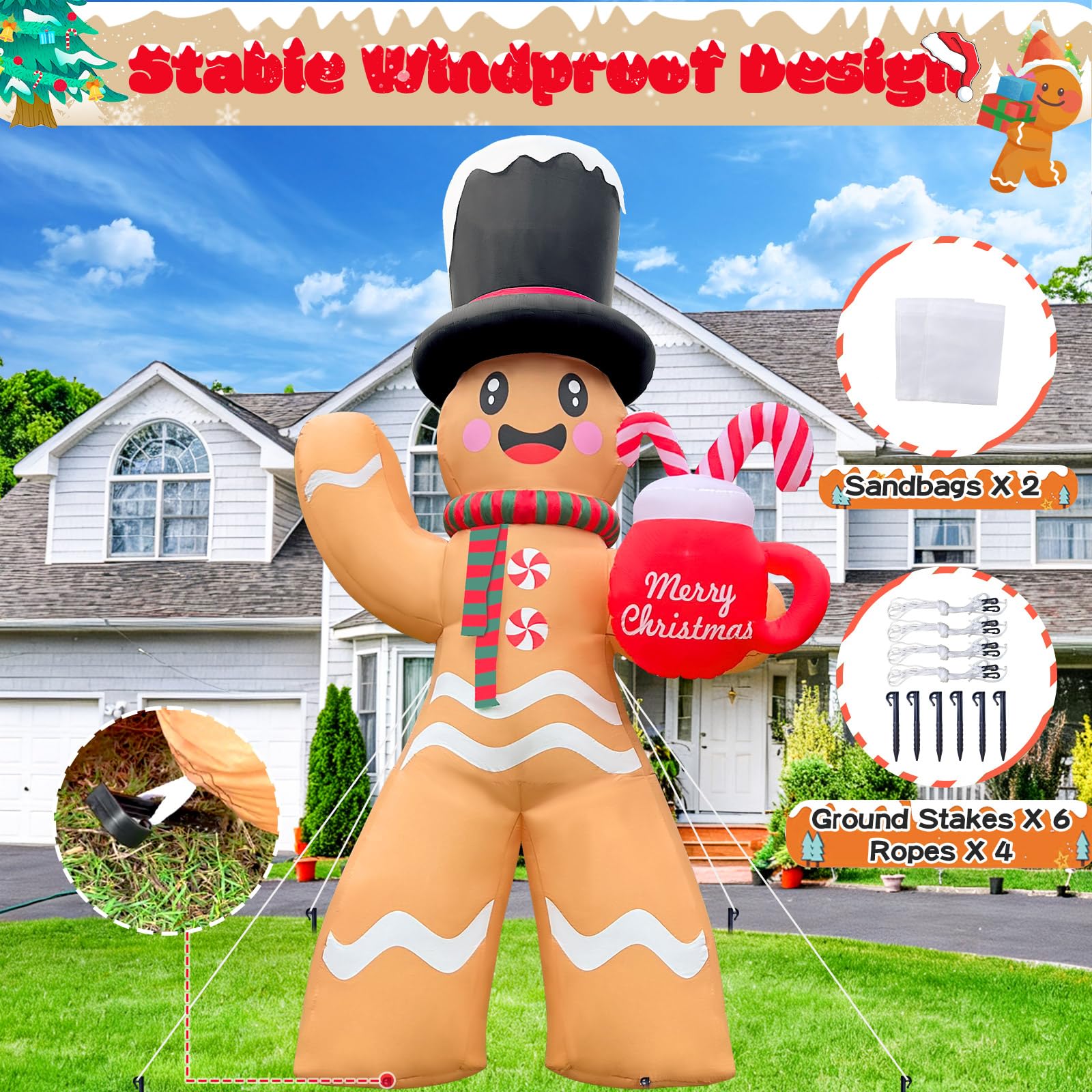GIGLIM 2025 Huge Christmas Inflatable Gingerbread 14FT Giant Gingerbread Man with Mug Christmas Inflatables Outdoor Decoration X