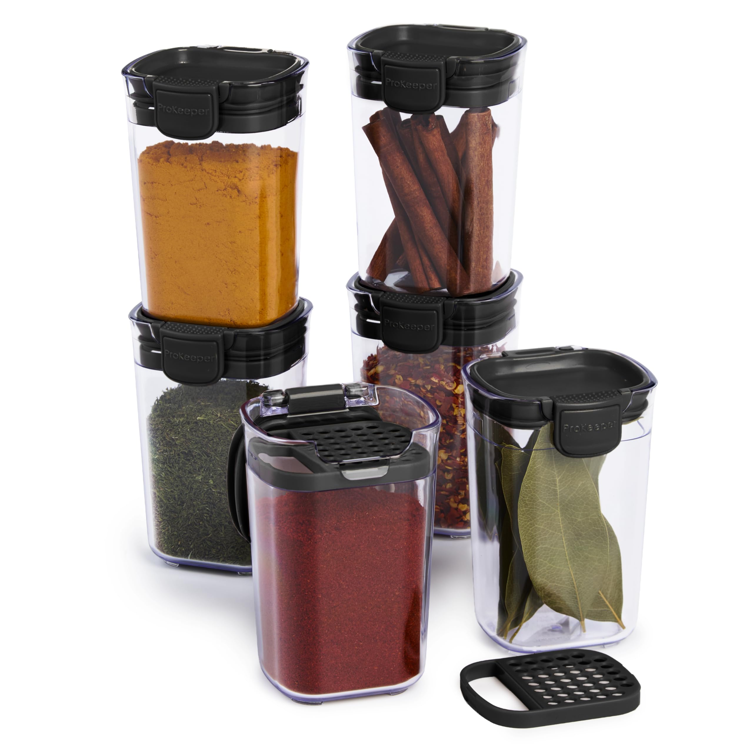 ProKeeper Progressive Seasoning & Spice Storage Container Set, 6 Airtight 5Oz Keepers with Removable Shaker and Leveler Inserts