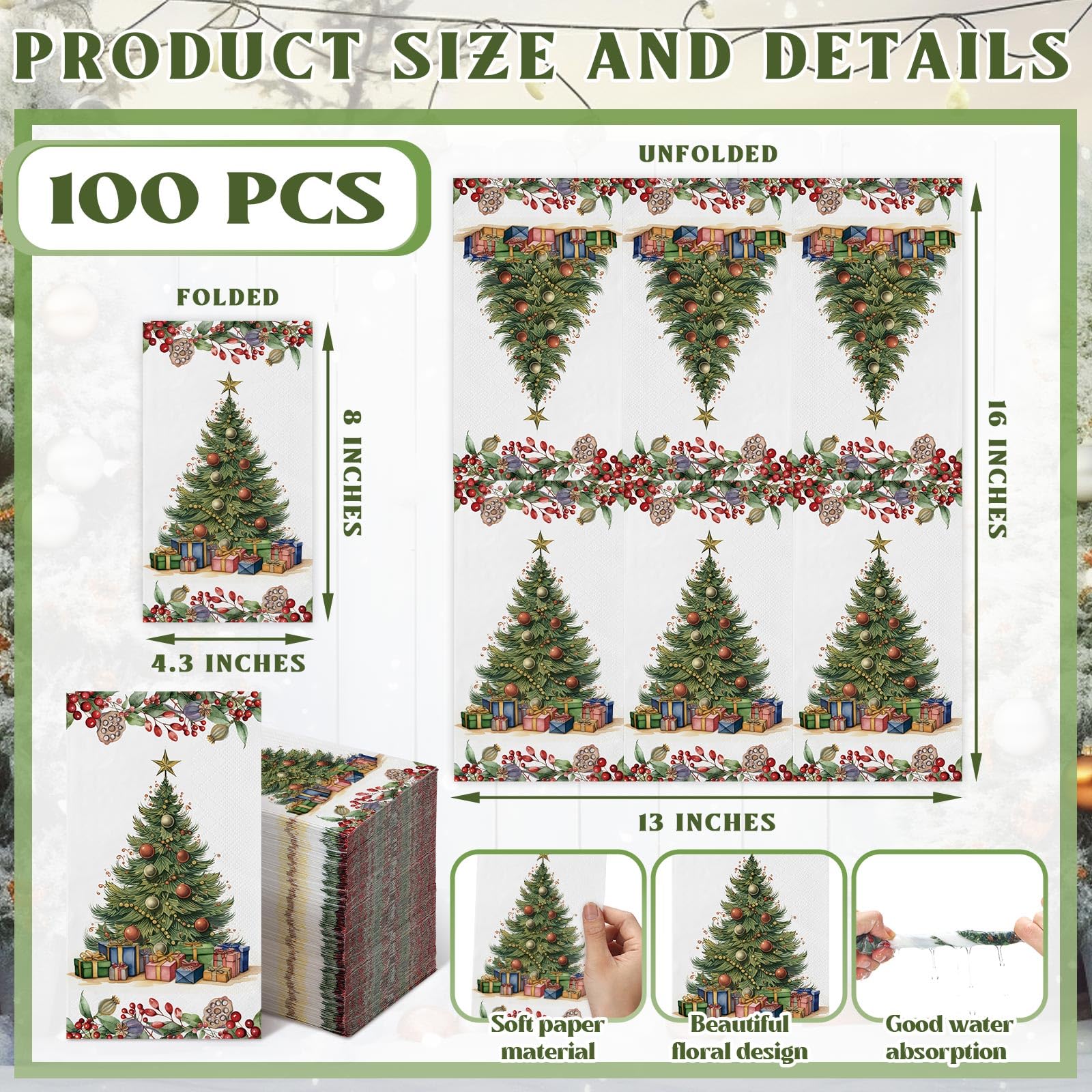 Epakh 100 Pcs Bulk Vintage Christmas Guest Napkins 2 Ply Disposable Christmas Tree Decorative Paper Napkins for Decoupage Paper