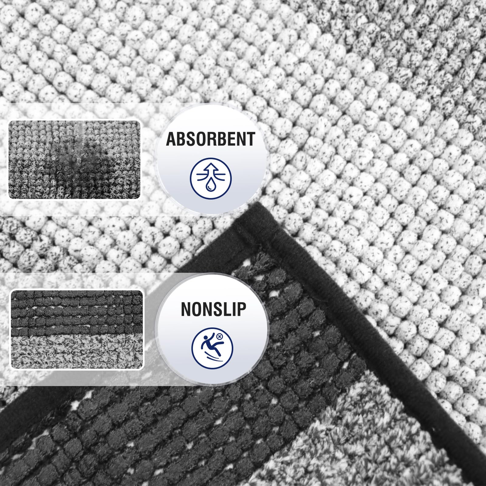 Techmilly Soft Fluffy Chenille Bathroom Rugs, Non Slip Absorbent Bath Mats For Bathroom, Washable And Quick Dry, Gradient Black,