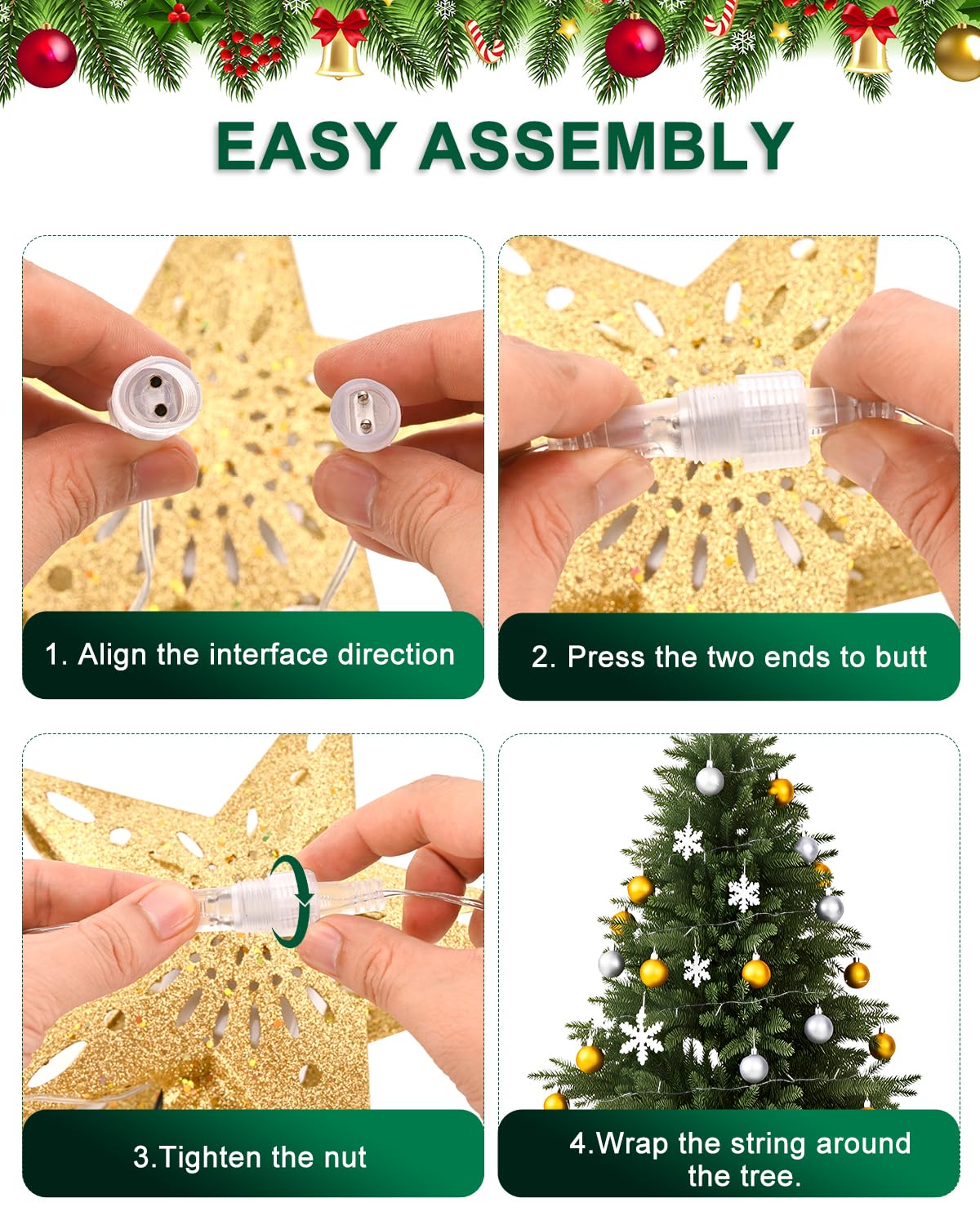 Kesfitt Christmas Tree Topper with 10M Warm Light Cord, Tree Top Star Decoration with 6 Projection Modes, Gold Tree Topper Light