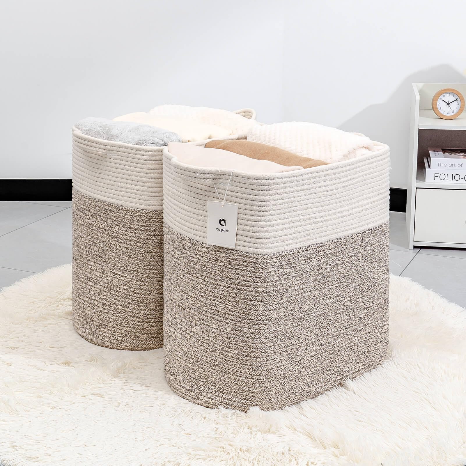 Laughbird Tall Storage Baskets For Clothes Fabric Cotton Rope Storage Basket Bin With Handles, Decorative Woven Basket For Livin