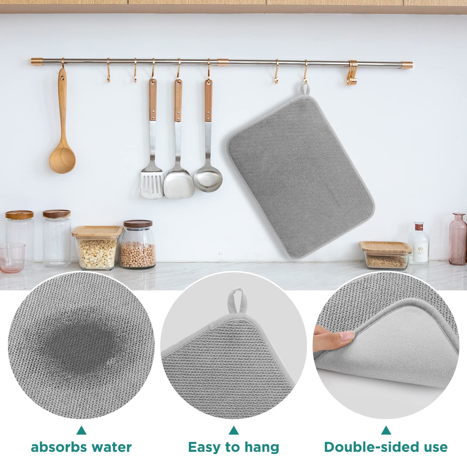 Geeric Microfiber Dish Drying Mat, Super Absorbent Kitchen Dish Drying Pad, Reversible For Countertop, 12*16 Inch Gray