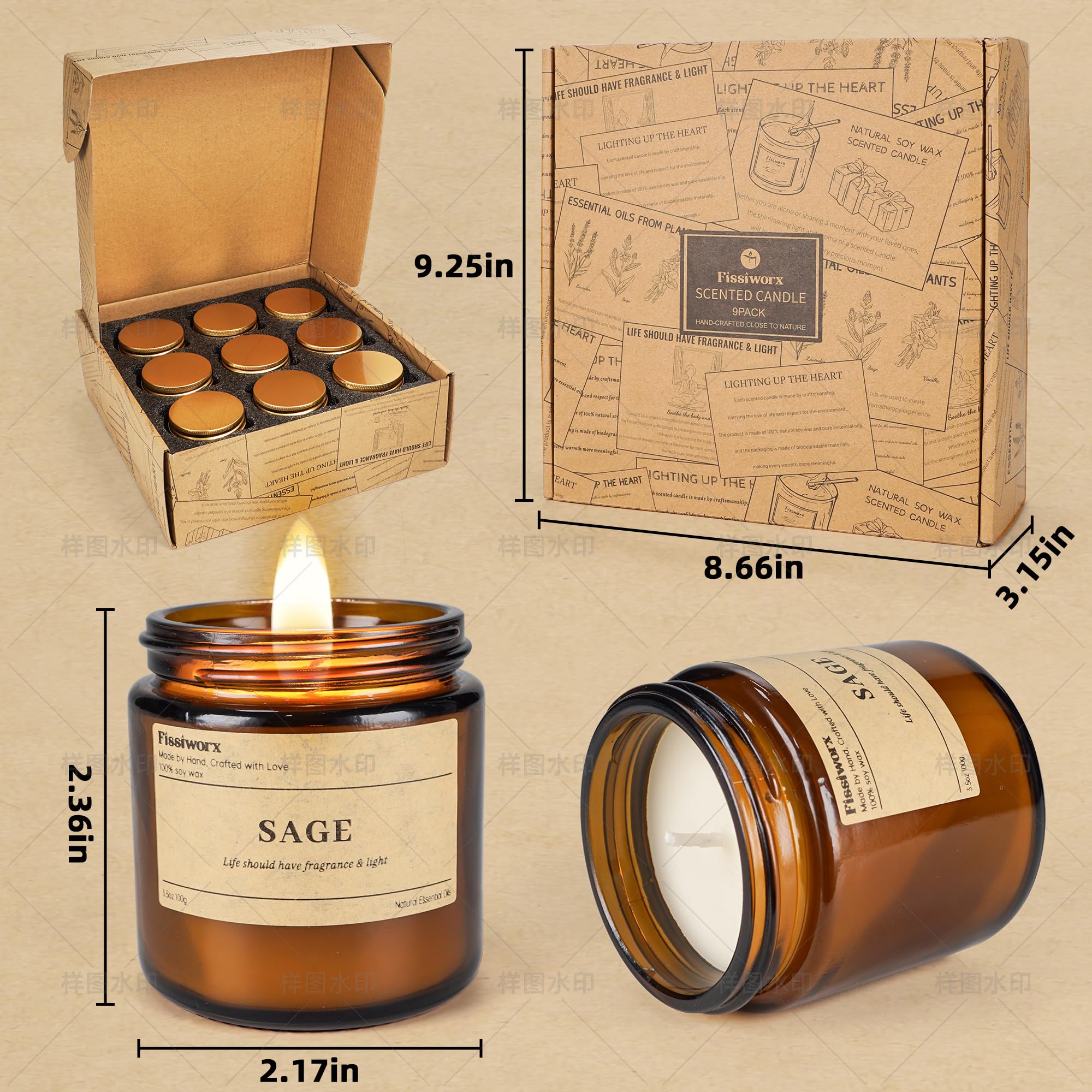 9 Pack Soy Candles for Home Scented |(Vanilla/Amber/Cedarwood) Long-Lasting 270 Hours, Natural Scented Candles Gift for Women &