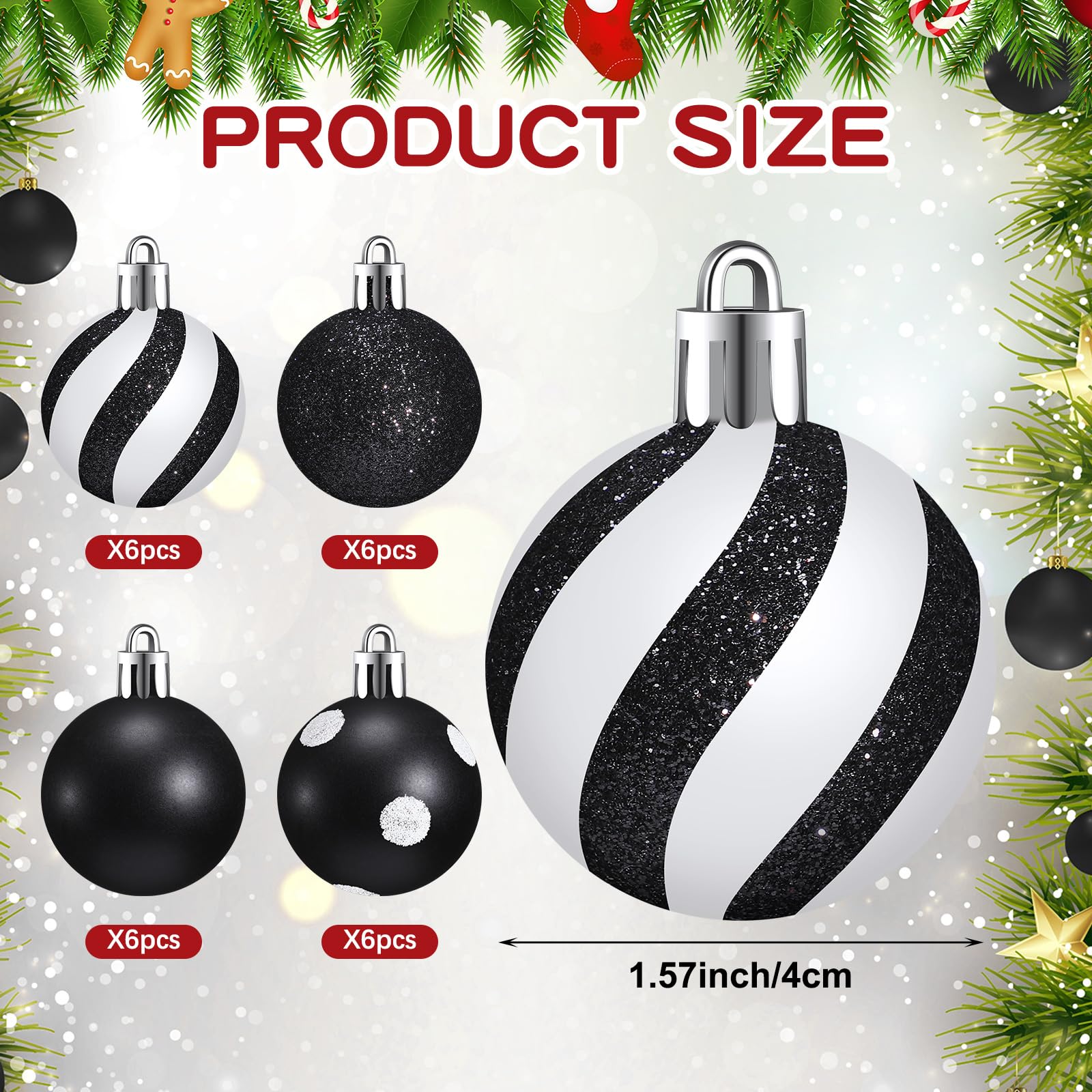 Motionchic 24 Pcs Christmas Black and White Ball Ornaments Hanging Glitter Shatterproof Balls Mini Plastic Christmas Tree Stripe