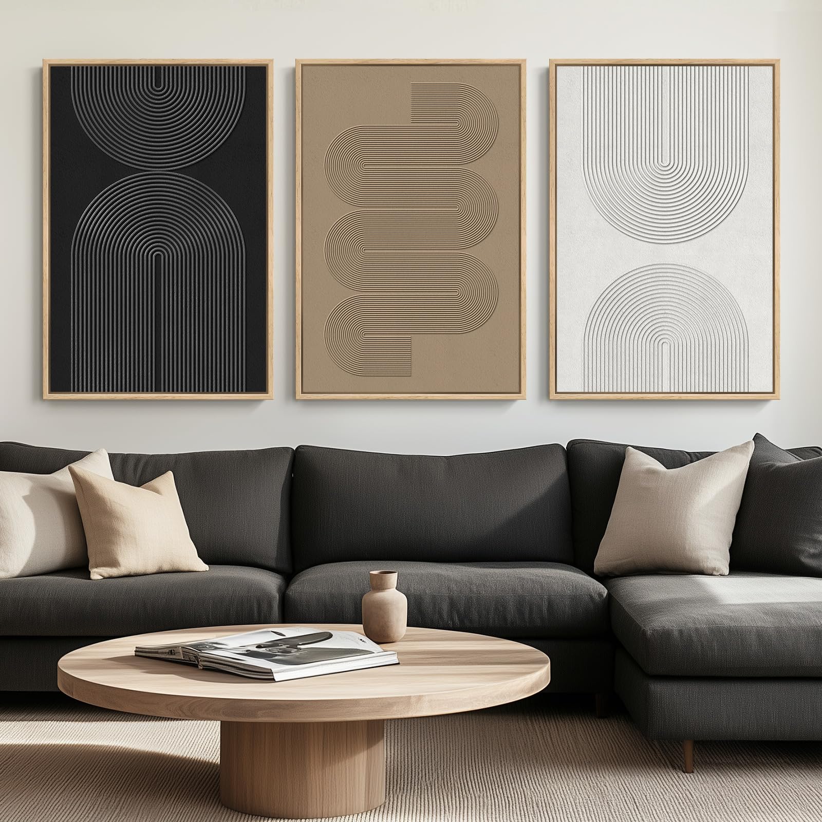 Large Framed Black And White Neutral Abstract Wall Art, 3 Piece Minimalist Canvas Prints Paintings Artwork For Walls, Boho Geome