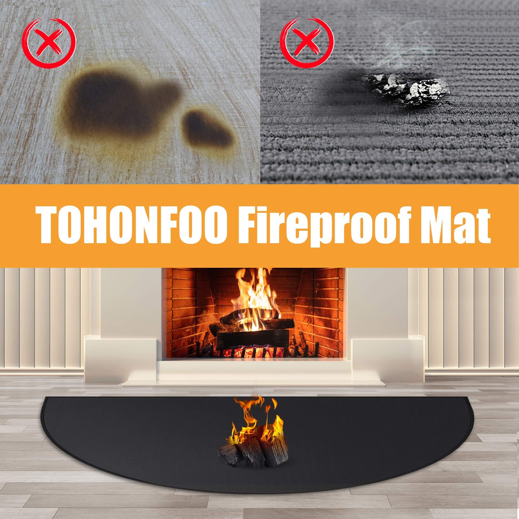 TOHONFOO Fireproof Hearth Rug, 59x32 inch Silicone Coated Fiberglass, Black, Model HR-32-60-BK-1, Protects Floors from Sparks & Embers