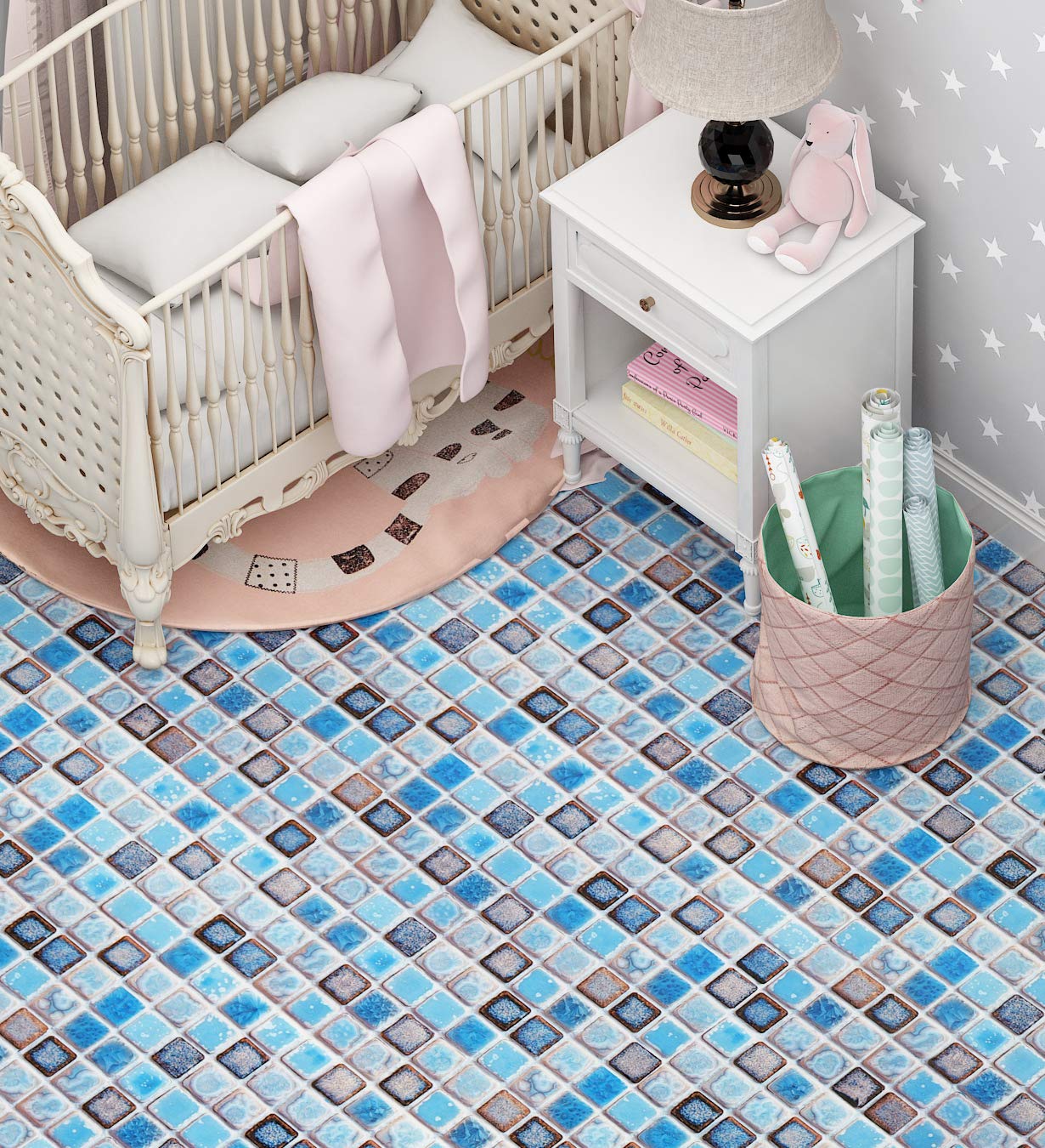 Livelynine 15.8 x 394 Inch Waterproof Vinyl Wallpaper for Bathroom Shower Wall Countertop Kitchen Backsplash Peel and Stick Wallpaper Blue Pattern Contact Paper Removable Decorative Tile Stickers