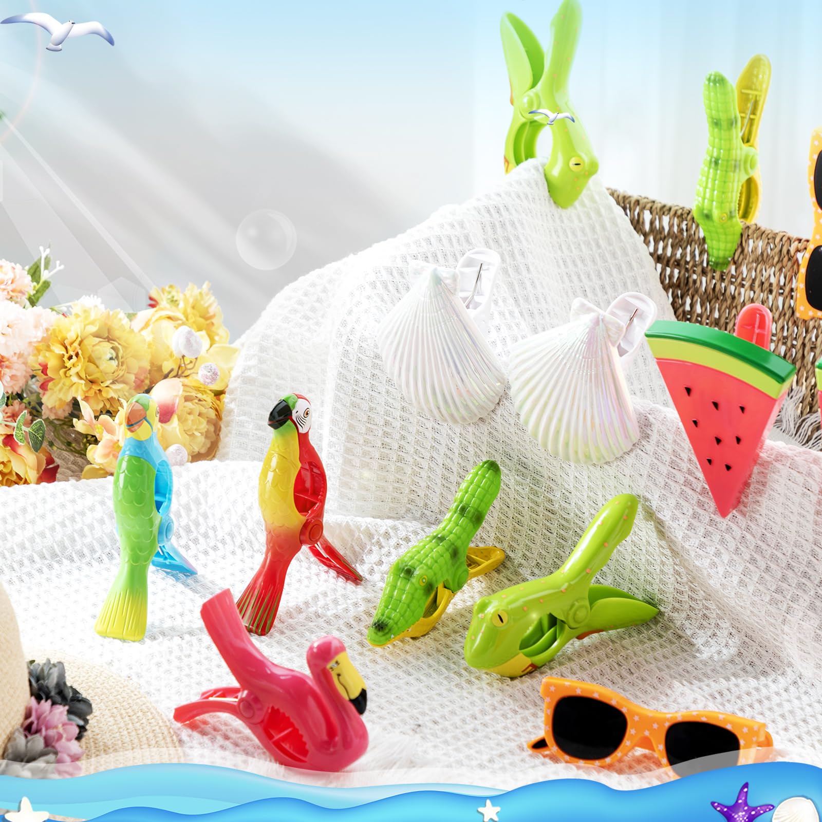 Rtteri 16 Pcs Beach Towel Clips Cute Towel Clips For Chairs Beach Towel Holder Clothes Pegs Clothes Pins For Patio Beach Pool, A