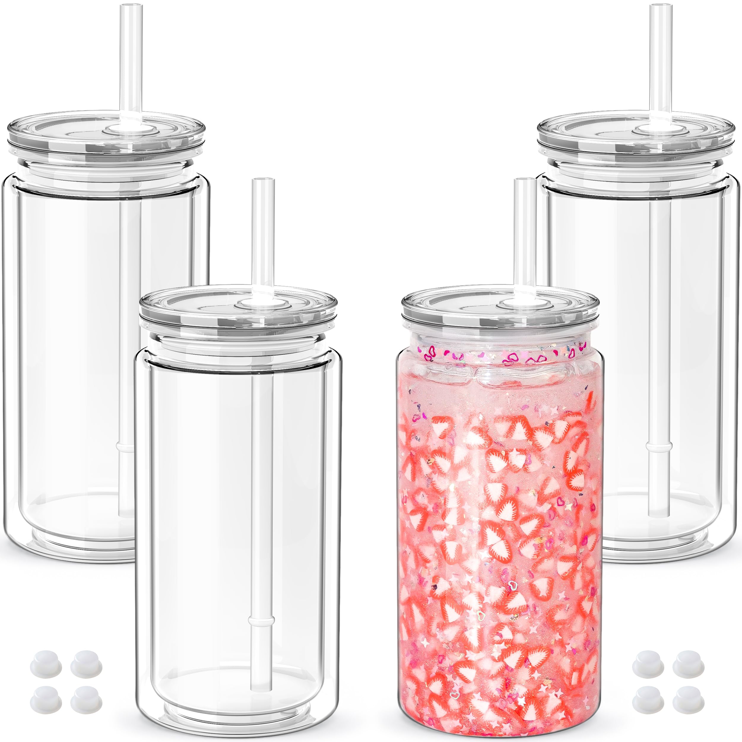 UIRZOTN 4 Pack 16oz Snow Globe Tumbler with PreDrilled Hole, Double Wall Plastic Clear Tumblers with Lid and Straw, Mason Jar C