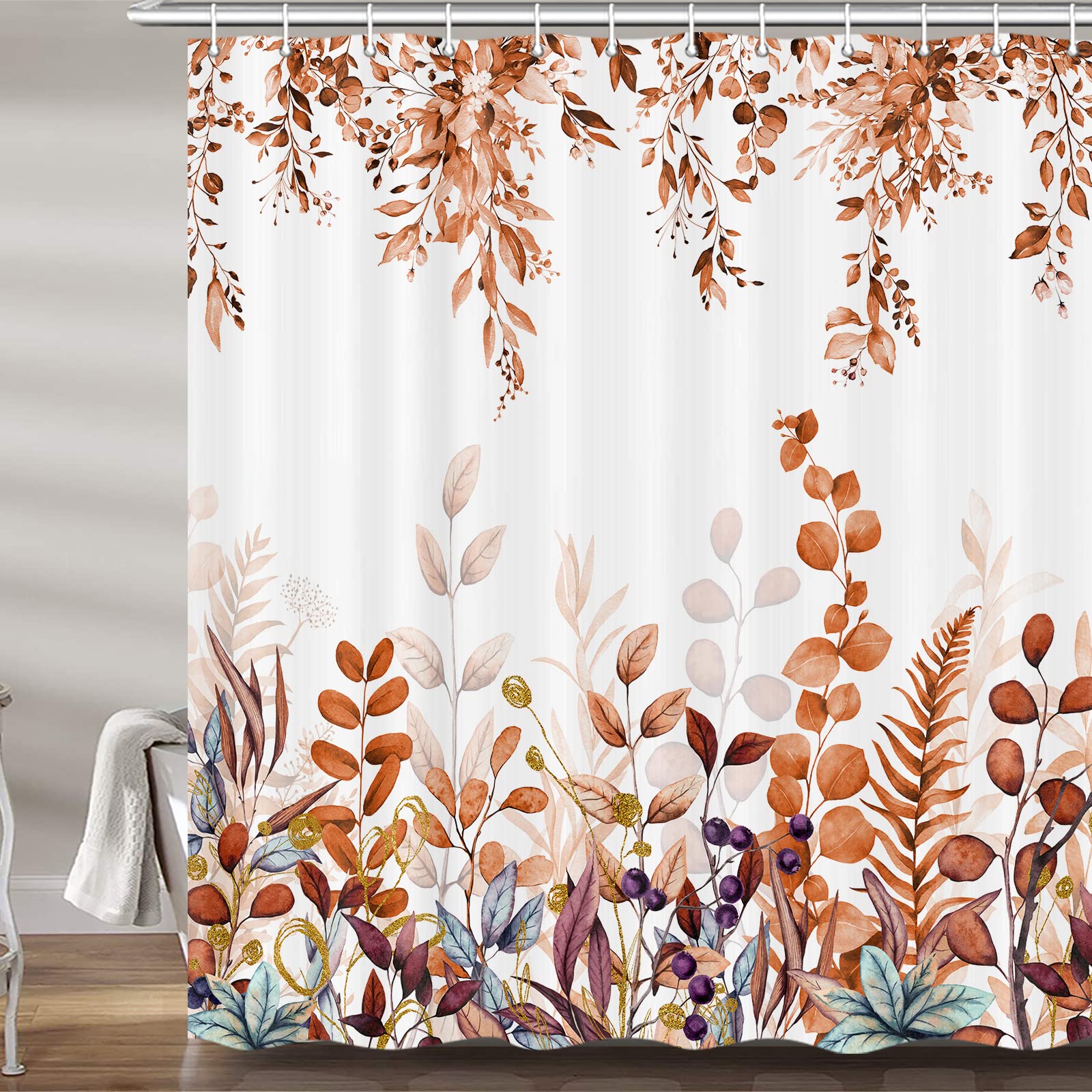 Veigike Fall Floral Shower Curtain, Cute Autumn Red And Gold Leaves Flower Harvest Fabric Shower Curtains Set For Bathroom, Whit