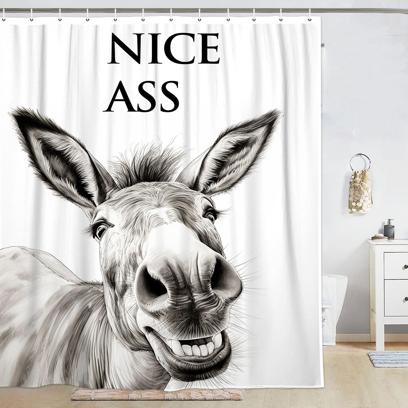 Lkfbsc Funny Donkey Shower Curtain, Black And White Farmhouse Animal 60X72 Shower Curtain Set, Gray Style Bathroom Decor Curtain
