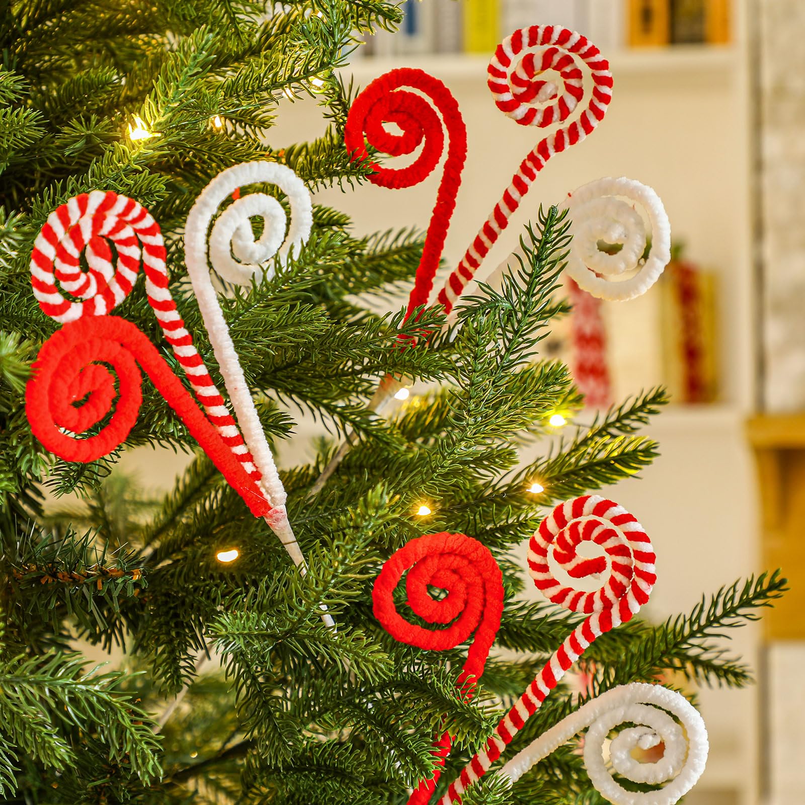 Gerrii 16 Red White Christmas Tree Pick Decor Candy Cane Xmas Ornament Peppermint Curly Pick Spray Lollipop Stem Large Tree Topp