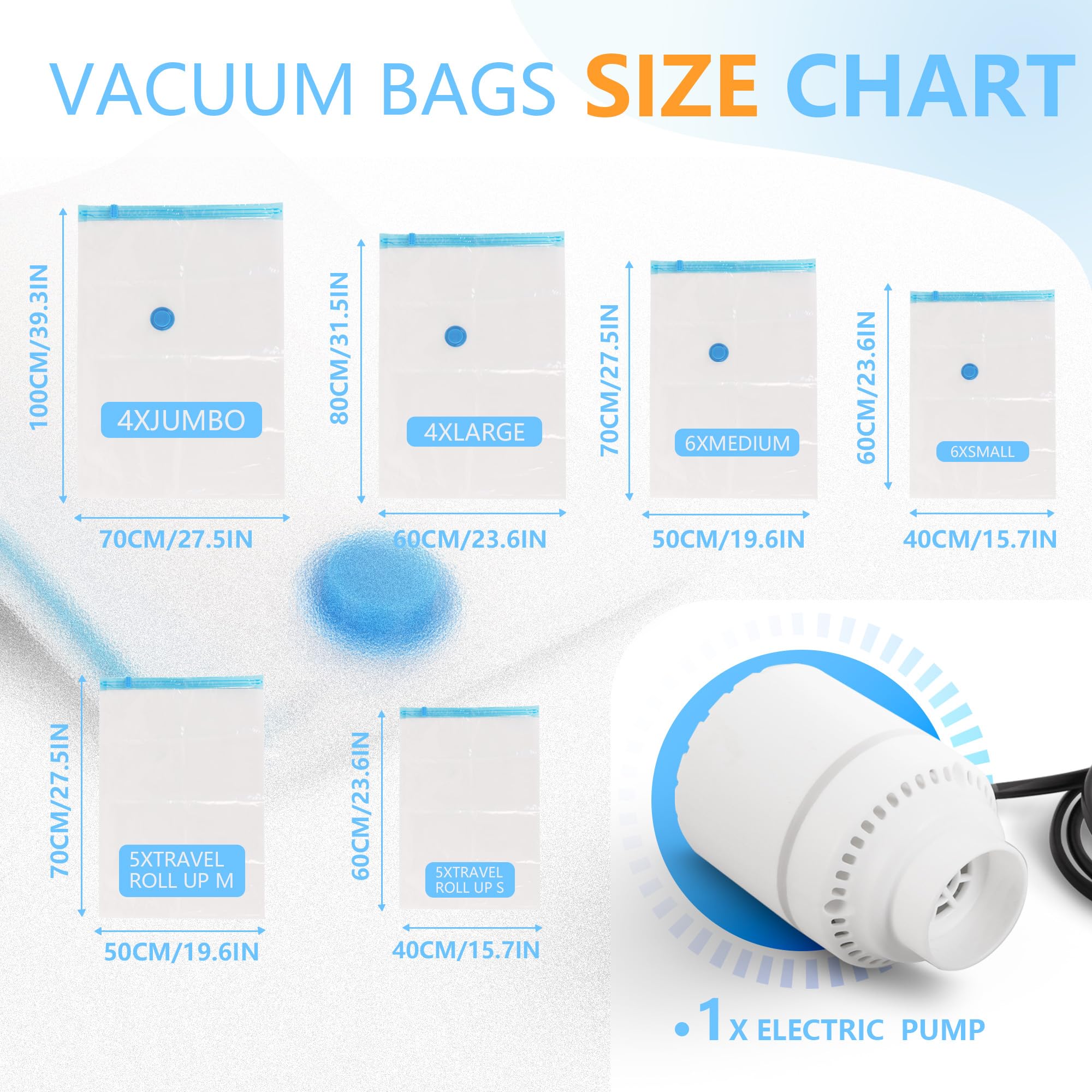 25 Pack Vacuum Storage Bags With Electric Air Pump, Space Saver Bags (3 Jumbo/4 Large/5 Medium/5 Small/4 Roll M/4 Roll S) Vacuum