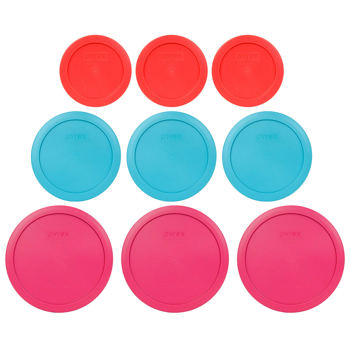Pyrex (3) 7402-Pc 6/7 Cup Fuchsia (3) 7201-Pc 4 Cup Surf Blue (3) 7200-Pc 2 Cup Red Replacement Food Storage Lids Made In The Us