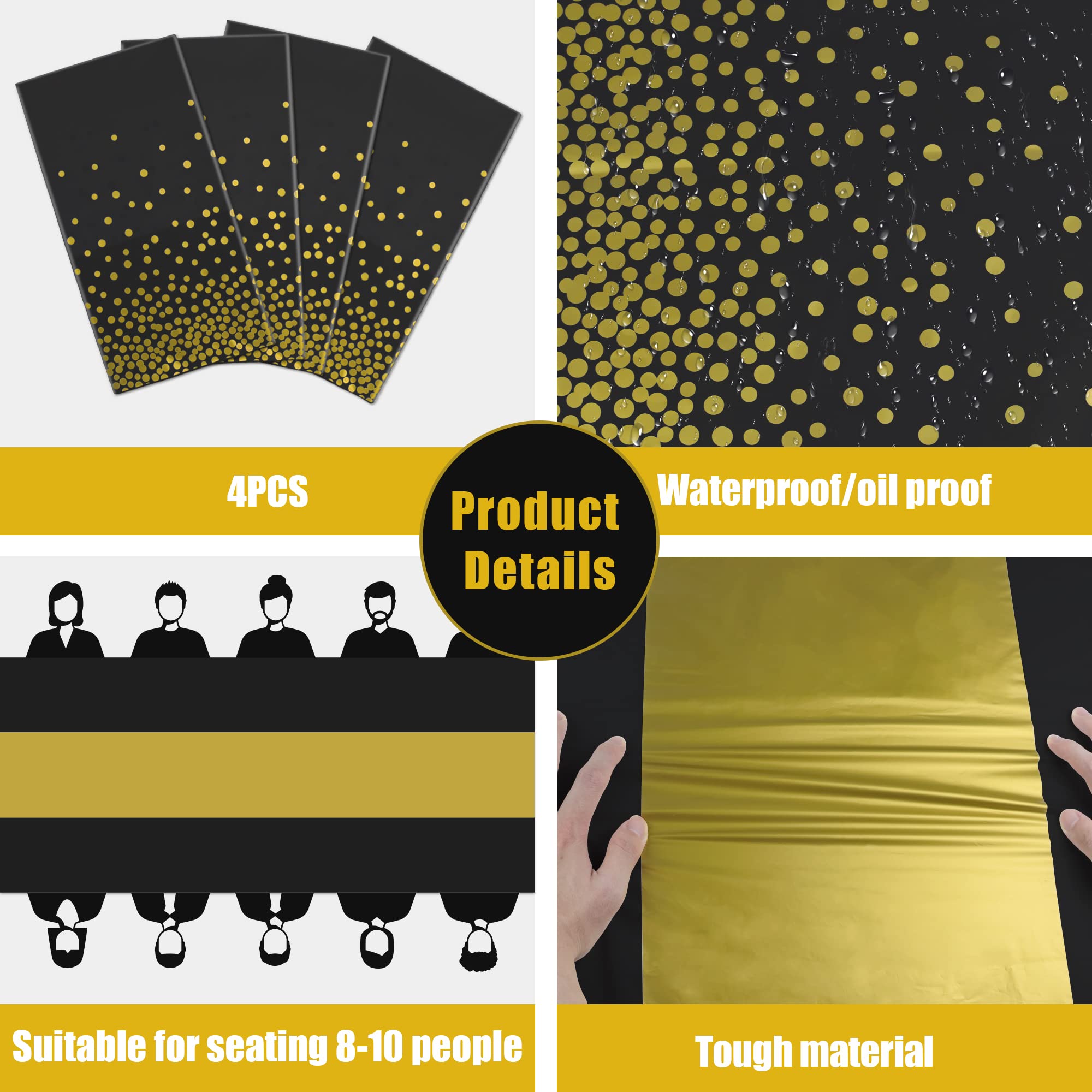 Ohome Halloween Decorations - 4 Pack Disposable Plastic Table Cloths For Parties,Black And Gold Table Covers For Halloween Party