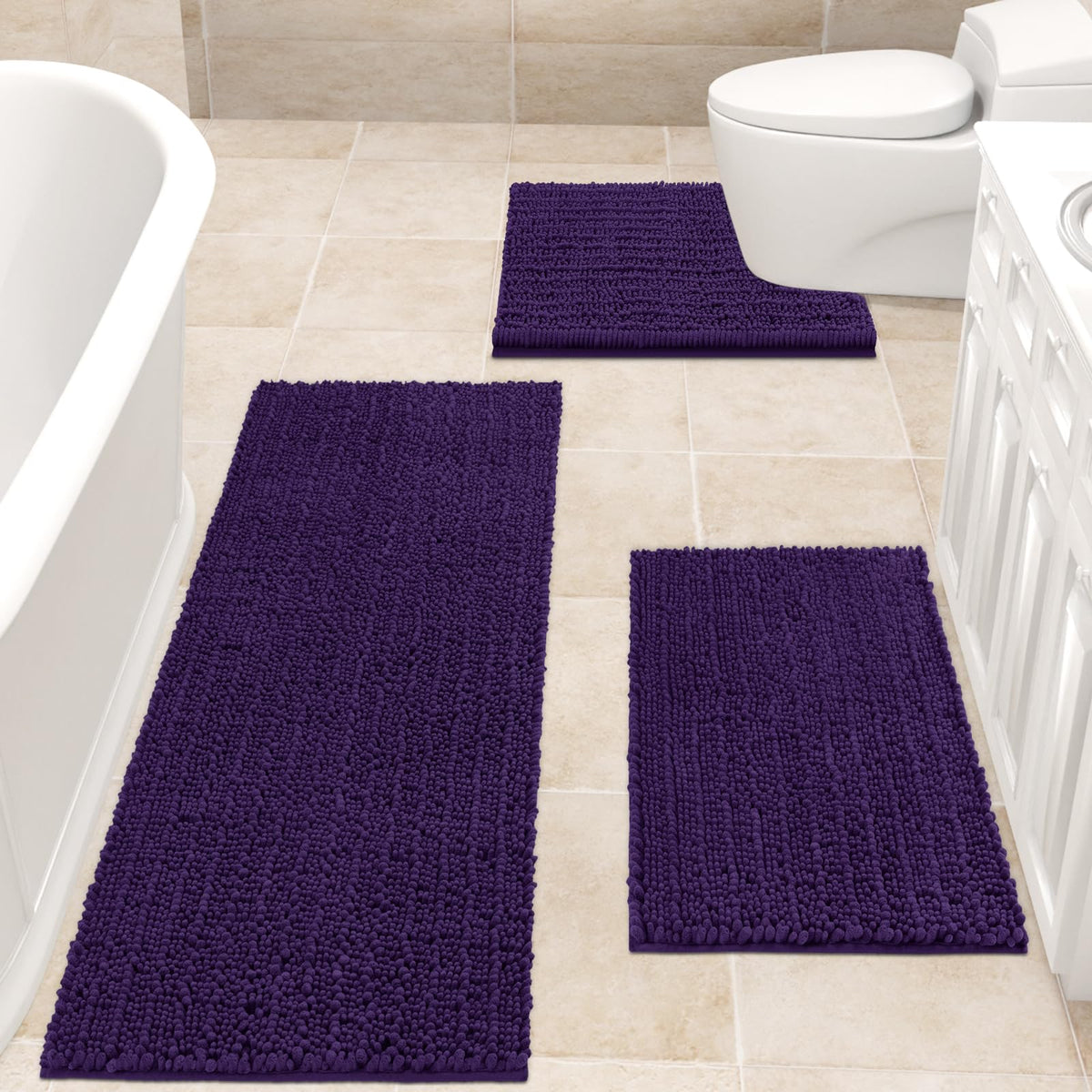 Accumtek Upgrade Extra Large Dark Purple Bathroom Rug Set 3 Pieces Ultra Soft, Thick Absorbent Bath Mats, Non Slip Chenille Toil