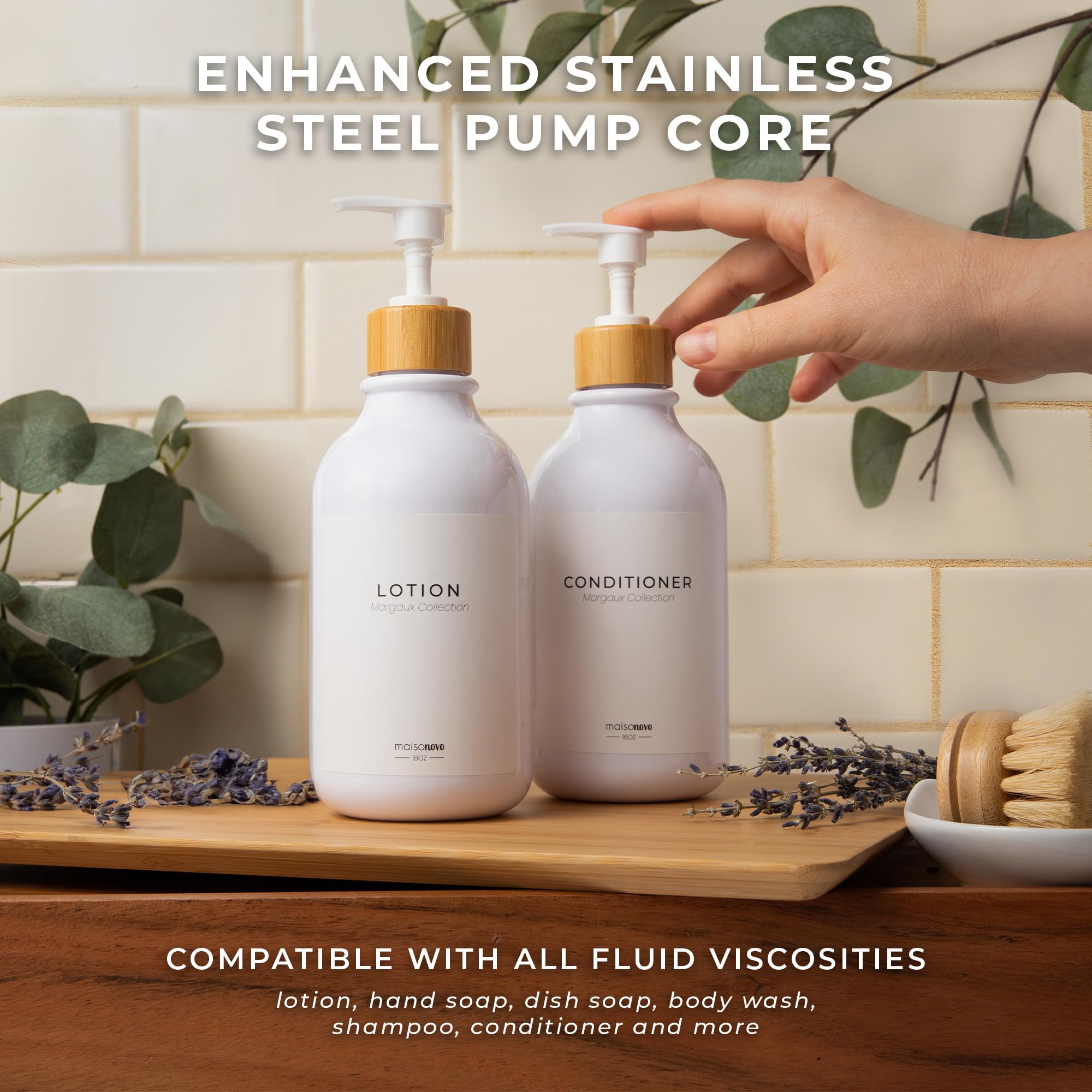 Maisonovo Kitchen Soap Dispenser Set - Plastic Soap Dispenser With Pump - White Bamboo White Pump 16.9 Fl Oz - Bathroom Soap Dis