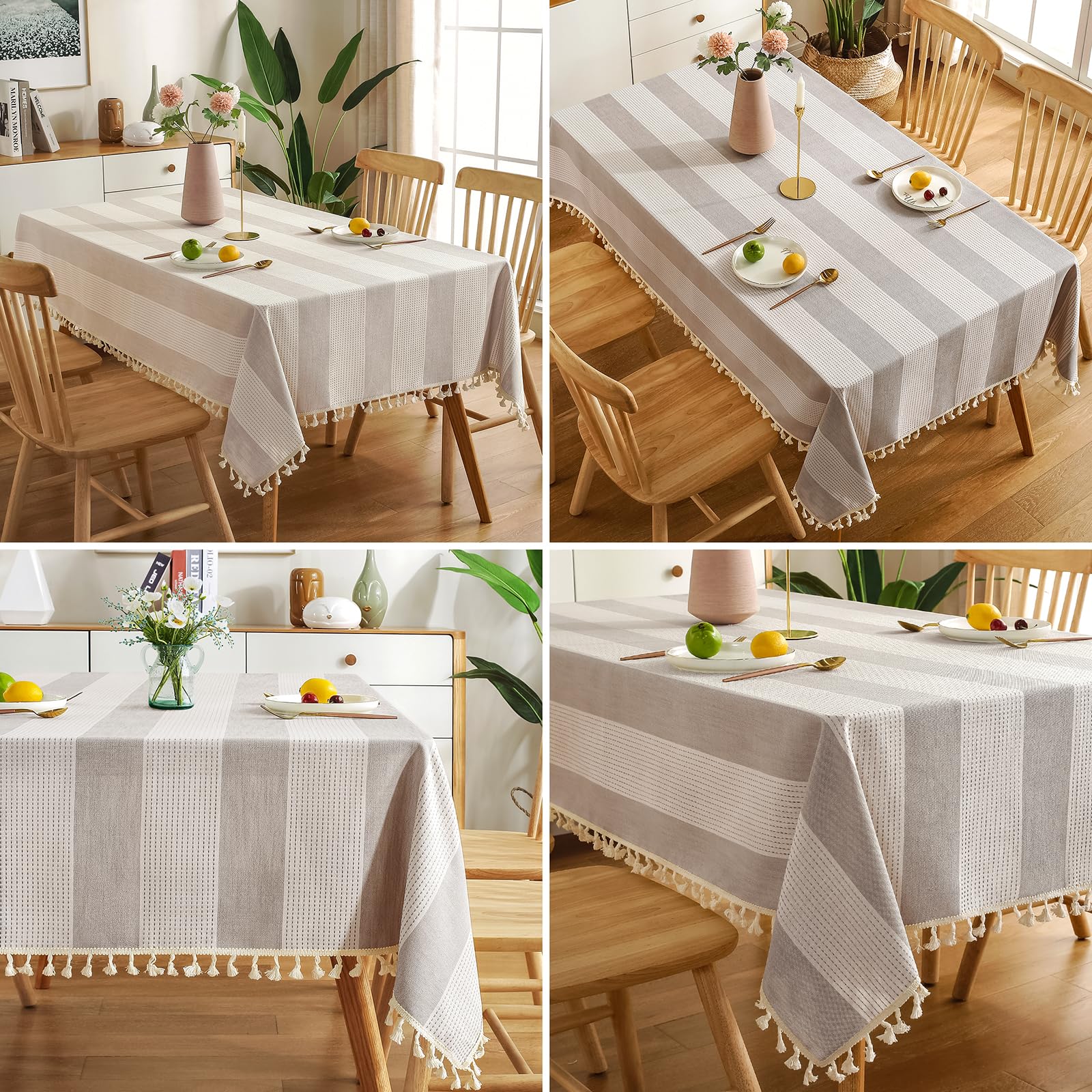 Amhoo Stitching Tassel Tablecloth Striped Table Cloth Rectangle Cotton Linen Dust-Proof Table Cover For Kitchen Dinning 54 X 120