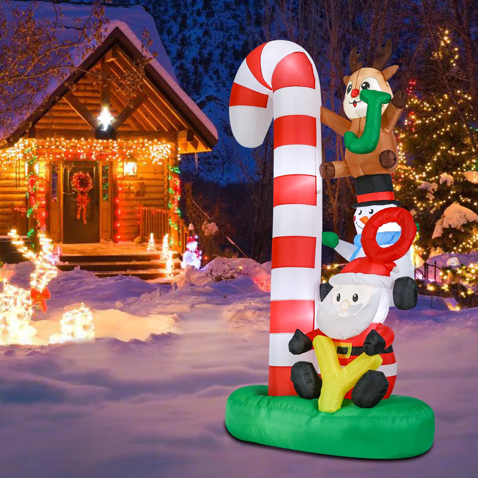 Risenor 7.8 FT Height Christmas Inflatables Candy Cane with Santa Snowman Reindeer Outdoor Decorations, Inflatables Christmas Bl