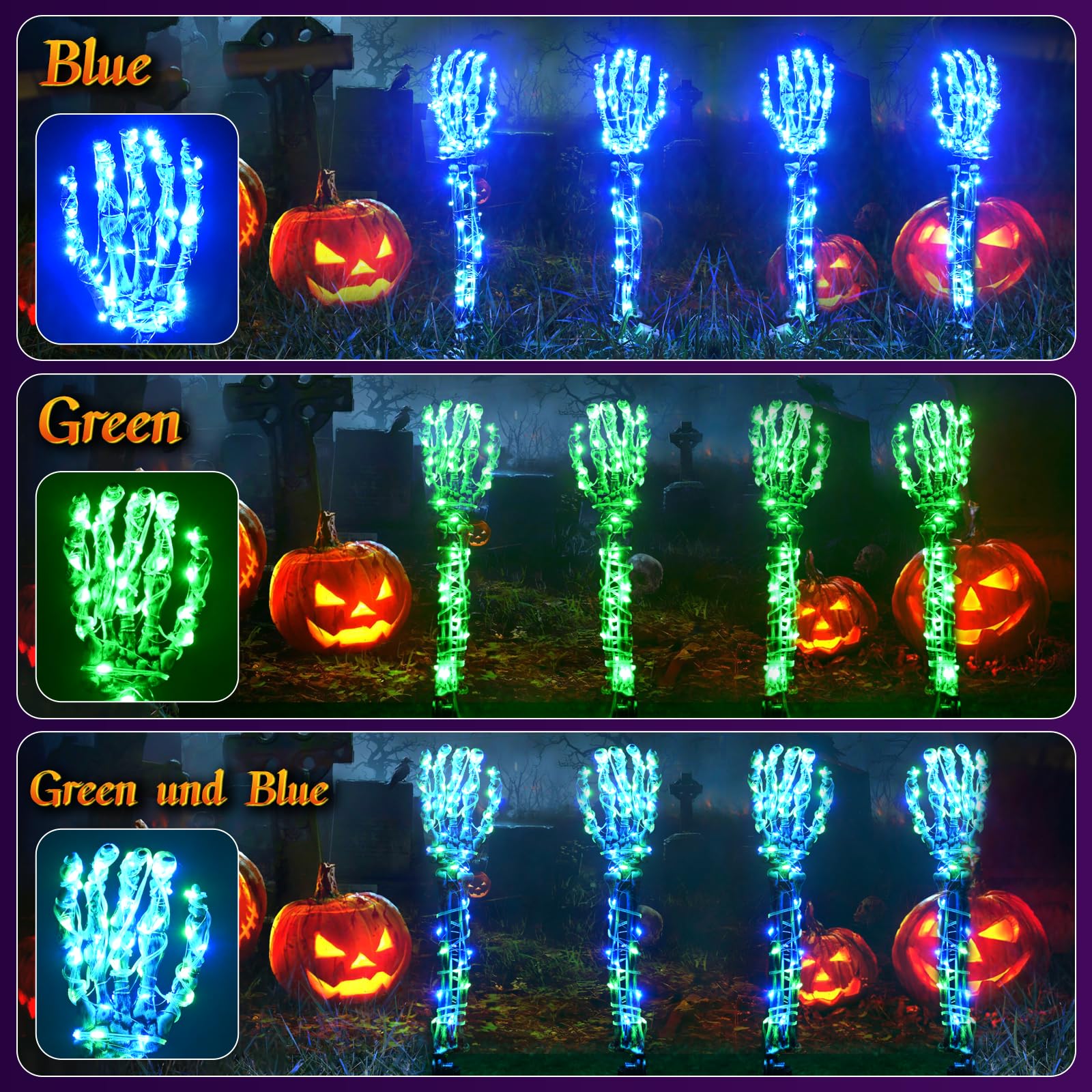 Halloween Lighted Skeleton Hands Set, 4 Pack Light Up Skeleton Arm Stakes, 4 x 3m 240 LED Green & Blue Lights with 3 Modes, Real