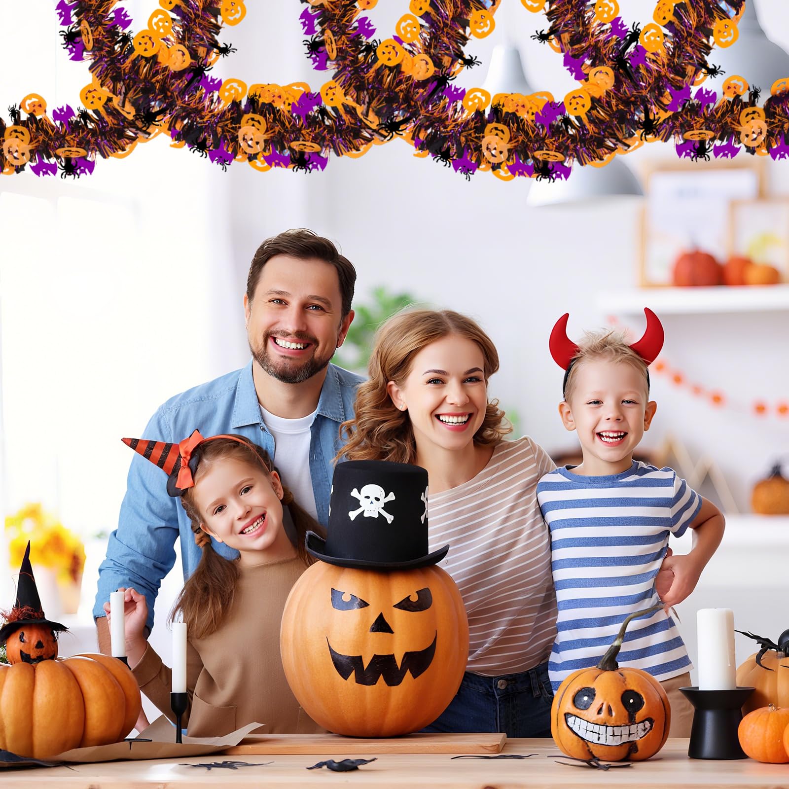 Halloween Garland Decorations,50Ft Glitter Tinsel Pumpkin Bats Spider Garland Decor for Tree Car Golf Cart Parade Float Indoor O