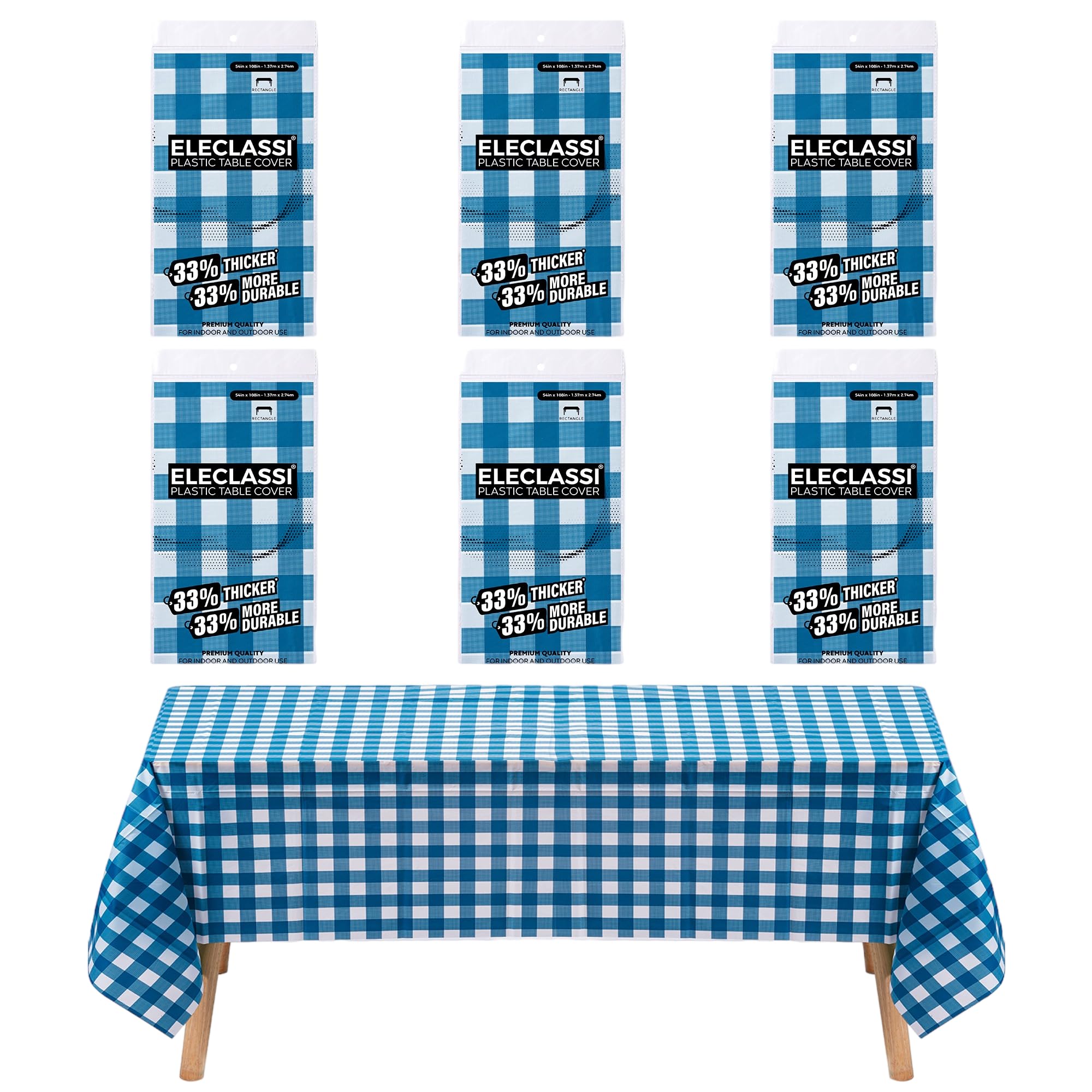 Eleclassi Blue Gingham Checkered 6 Pack Disposable Plastic Tablecloth 54 X 108 In - Plastic Table Cloths For Parties Disposable
