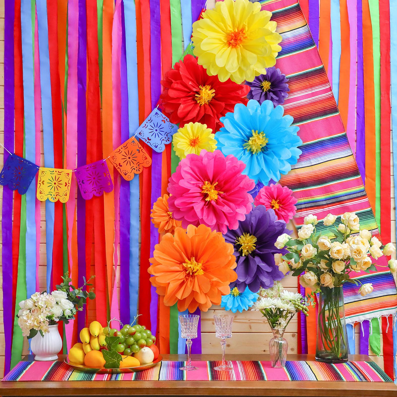 Watersay 12 Pcs 10 20 Giant Mexican Fiesta Paper Flowers Colorful Tissue Crepe Flowers Pom Poms Craft for Floral Party Backdrop