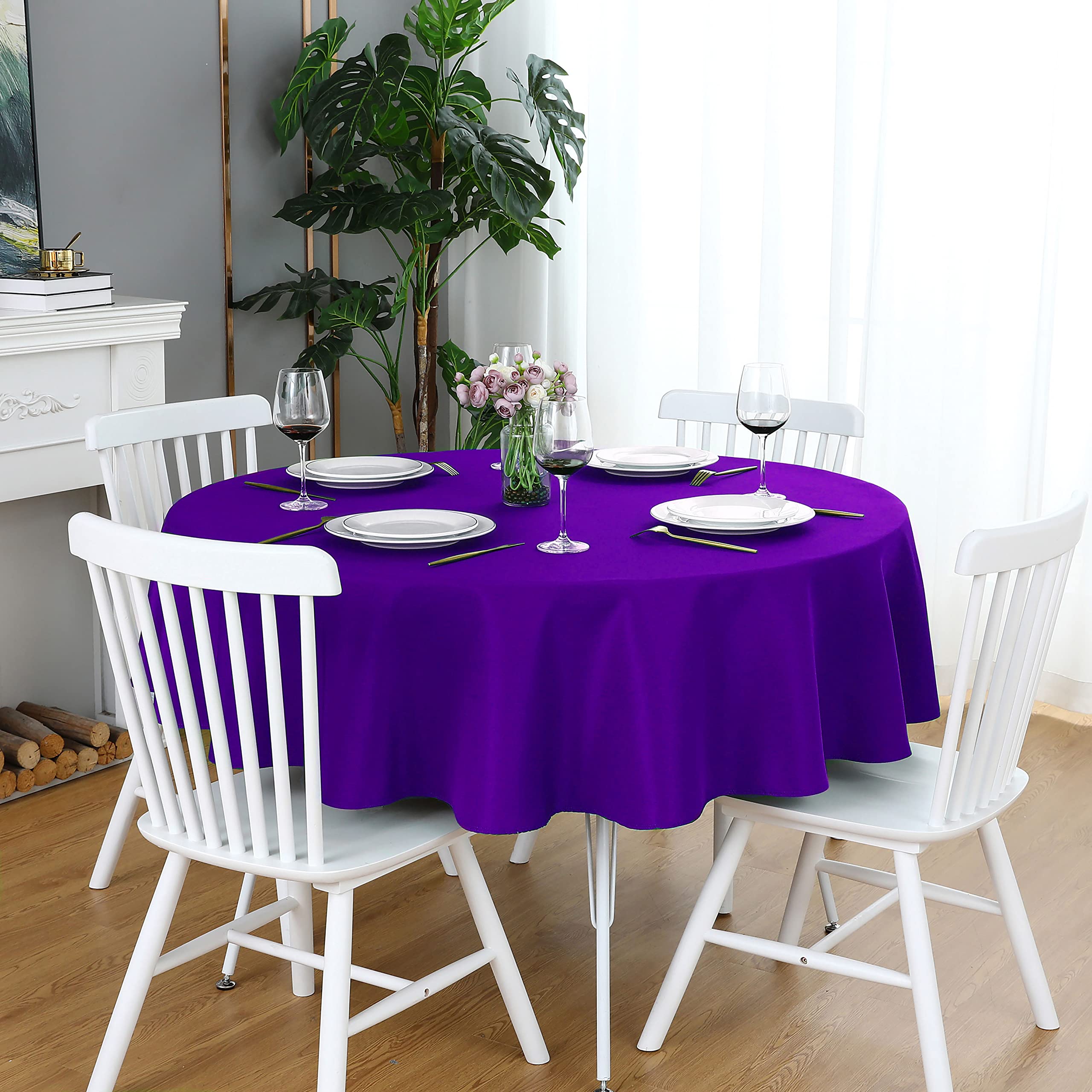 Folins&Home Purple Round Tablecloth 60 Inch Waterproof Heavy Duty Wrinkle Free Polyester Fabric Circle Table Cloth Spillproof Wa