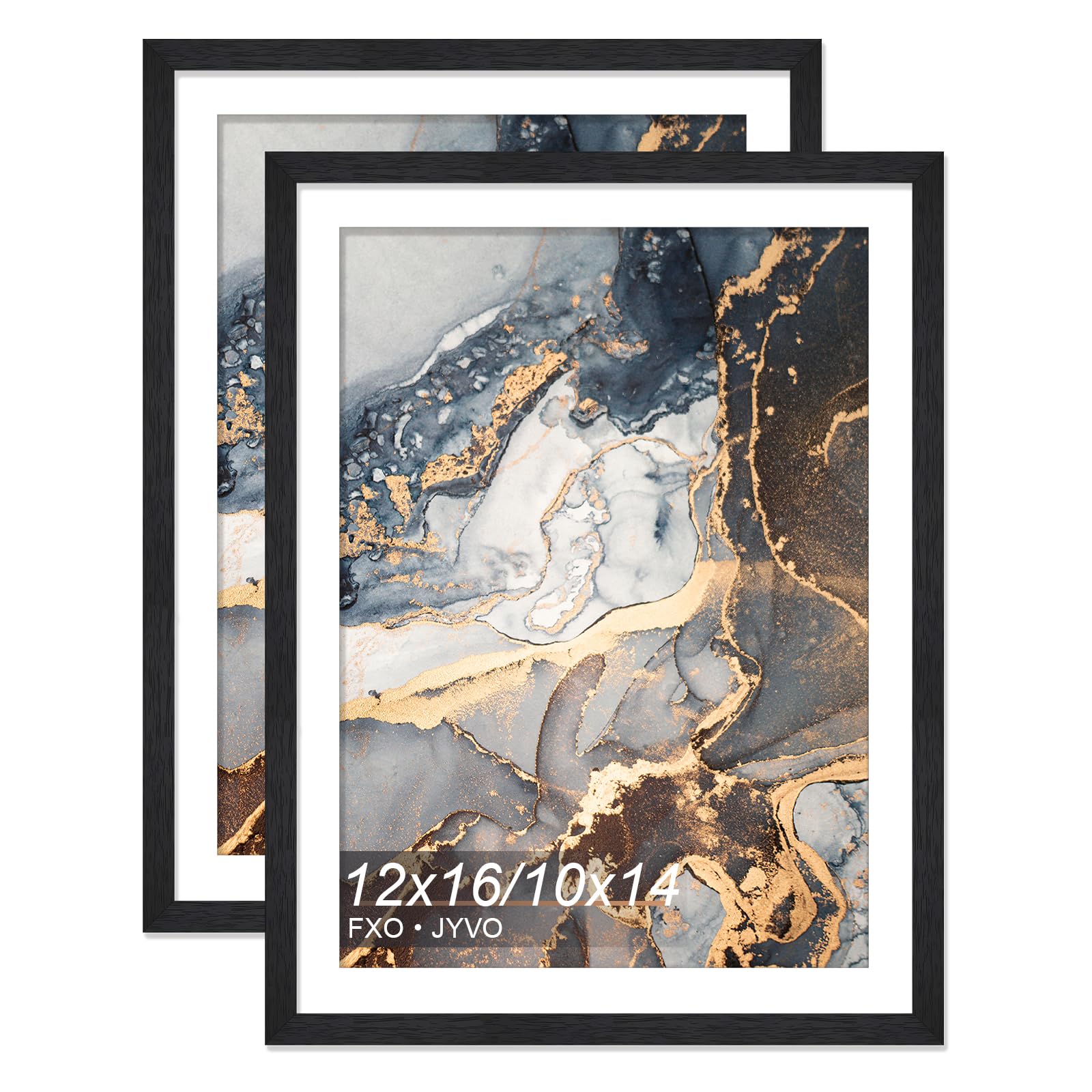 Fxojyvo Engineered Wood Black 12 x 16 Frame Set of 2, Display Picture 10x14 with Mat or 12x16 Without Mat, Picture Frame with Wo
