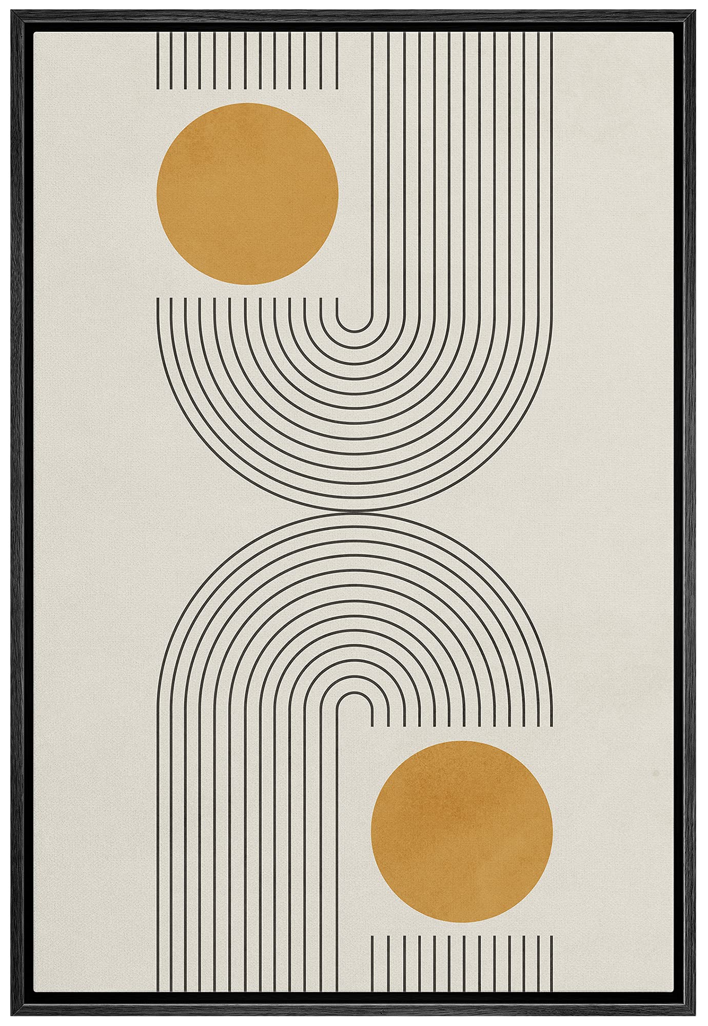 Idea4Wall Framed Canvas Print Wall Art Black Illusion Line Art With Yellow Circles Geometric Shapes Illustrations Abstract Mid-C