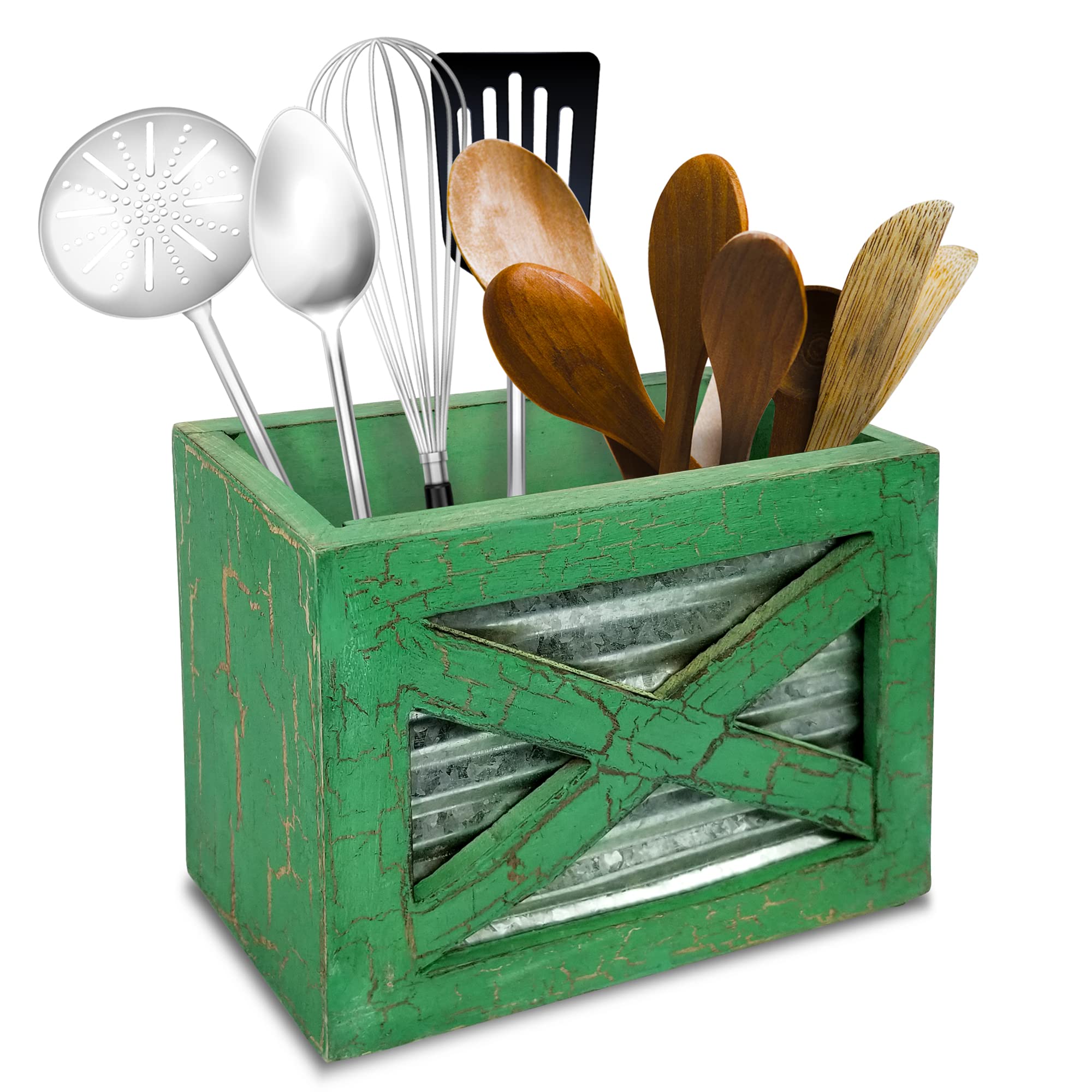 My Vintage Finds Rustic Utensill Holder Wooden Kitchen Farmhouse Utensil Holder For Countertop Green