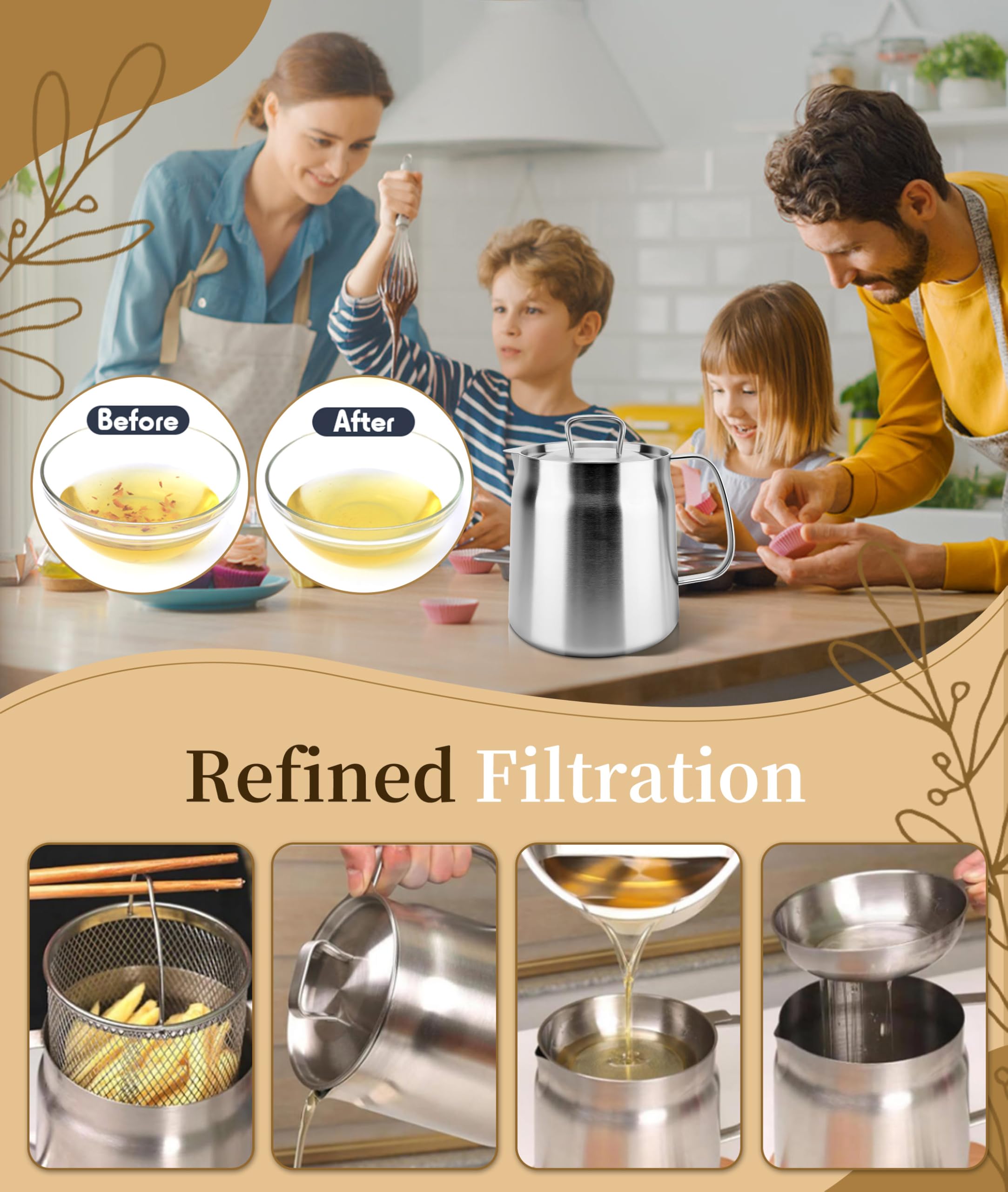 68Oz 304 Stainless Steel Oil Filter Pot, Large Capacity Oil Fryer And Filter Cup Combo, Multi Functional Oil Filter, Kitchen Str