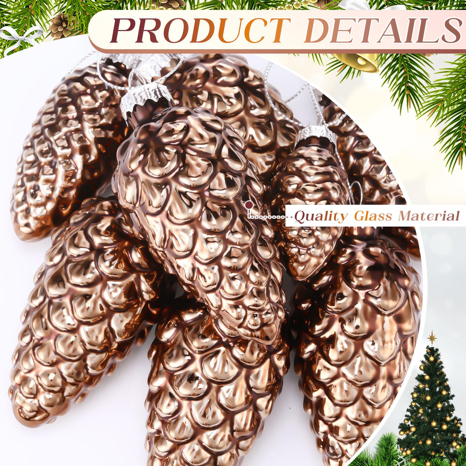 Sliner 48 Pcs Christmas Pinecone Ornament Glass Pinecone Bulk for Christmas Tree 3 Sizes Glass Ornament Fall Hanging Pine Cone P