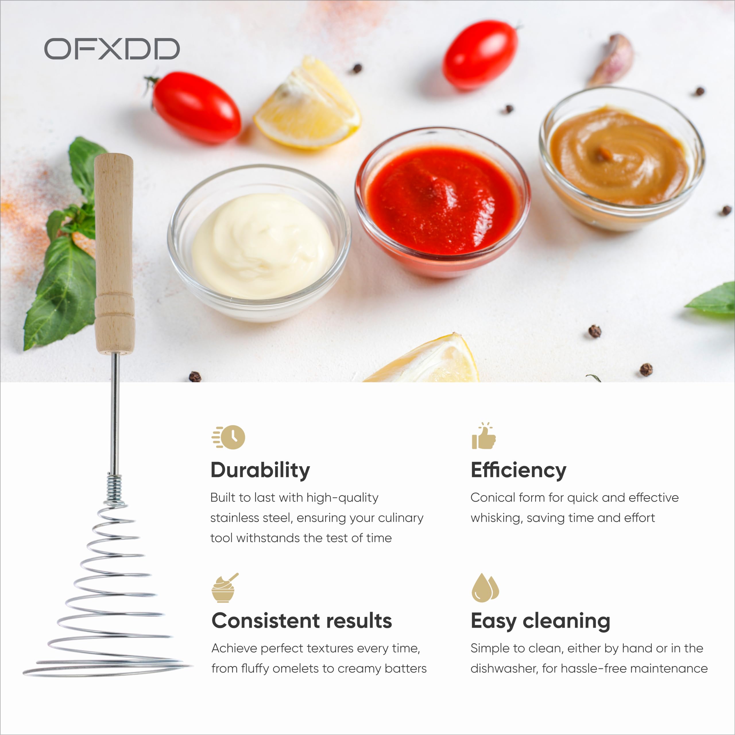 Stainless Steel Spring Coil Whisk 1 Pcs - Wire Whip Egg Whisk With Wooden Long Handle - Heavy Duty Whisks For Cooking
