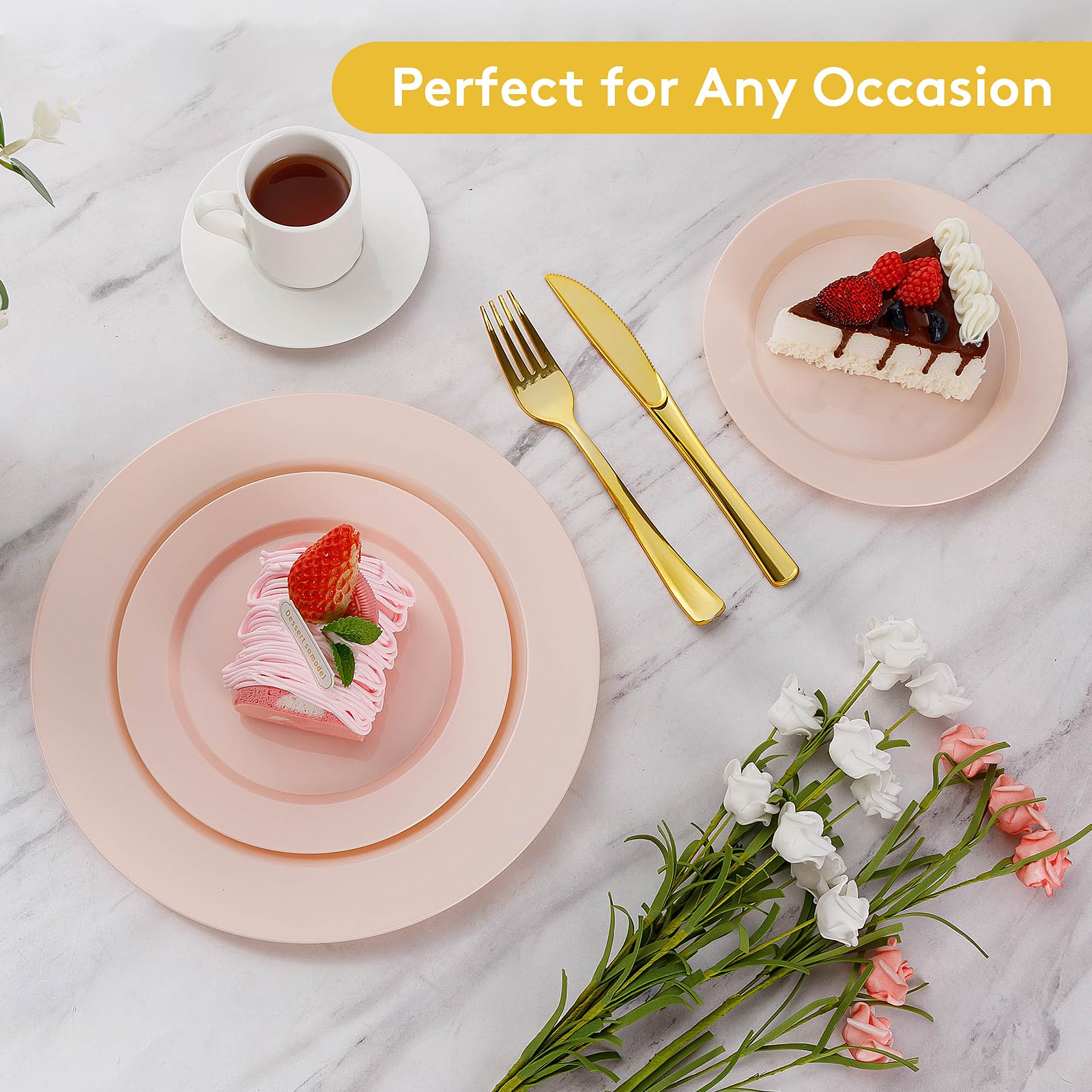 Goodluck 200Pcs Disposable Pink Plastic Plates, Heavy Duty Disposable Plates With 100 10.25 Inch Plastic Dinner Plates And 100 7