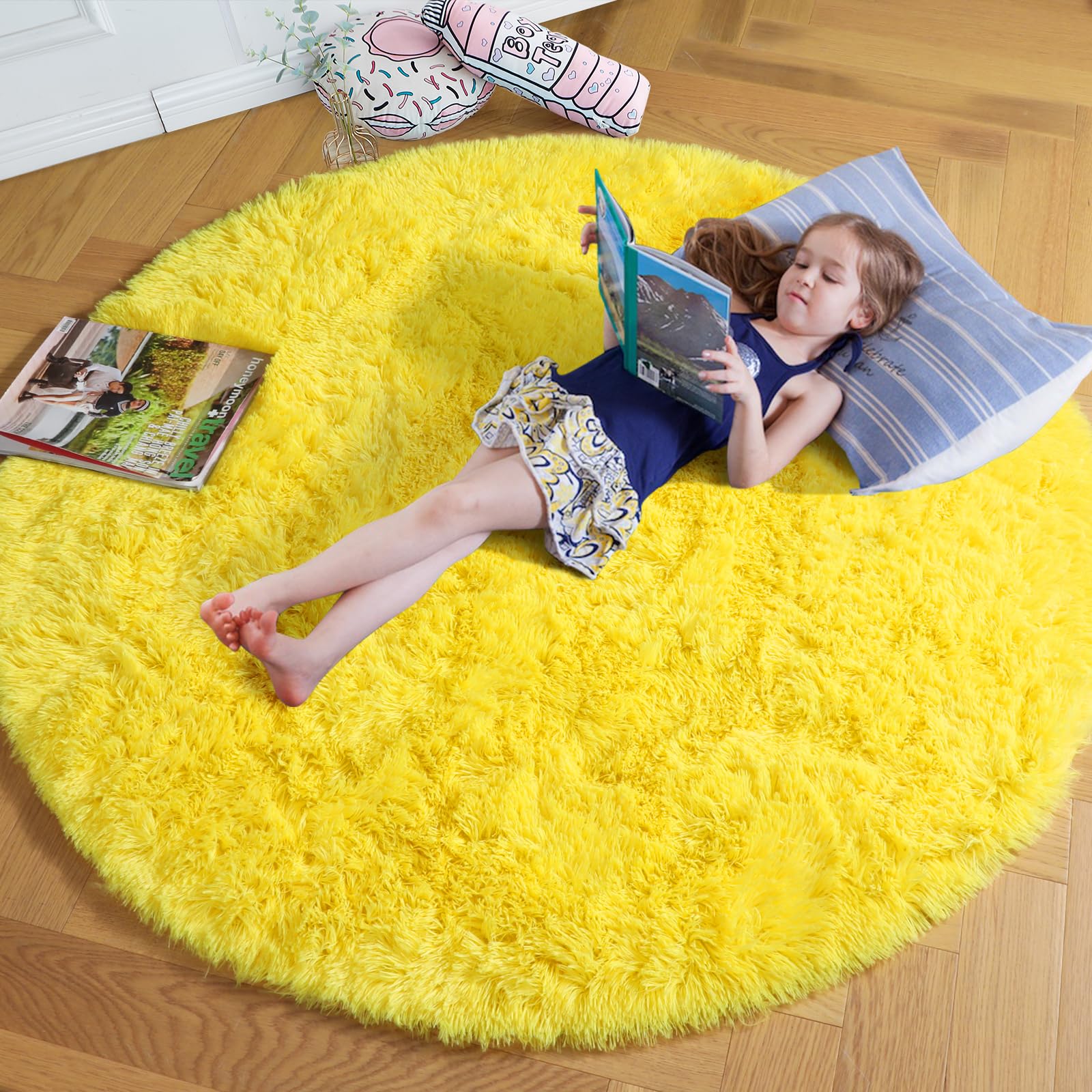Amdrebio Yellow Round Circle Area Rug 5Ft for Bedroom Living Room, Fluffy Fuzzy Plush Rugs for Kids Room Decor Aesthetic, Cute F