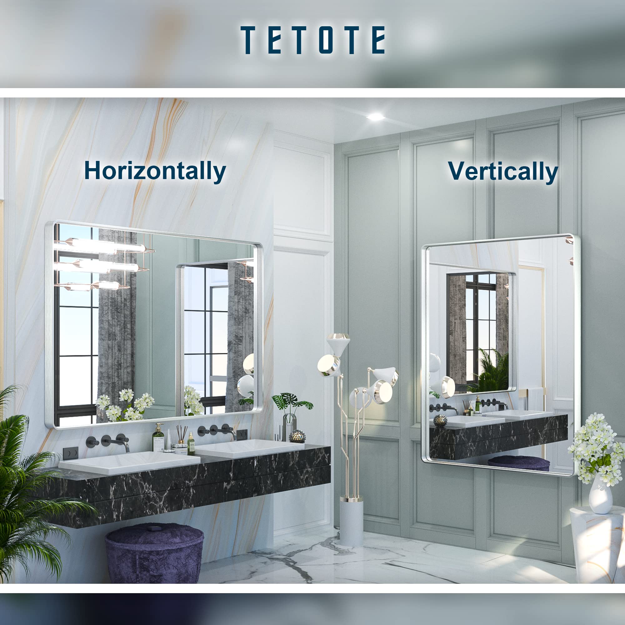 Tetote 48 X 36 Inch Silver Mirrors For Bathroom, Brushed Nickel Framed Rectangular Modern Farmhouse Large Vanity Mirror For Wall