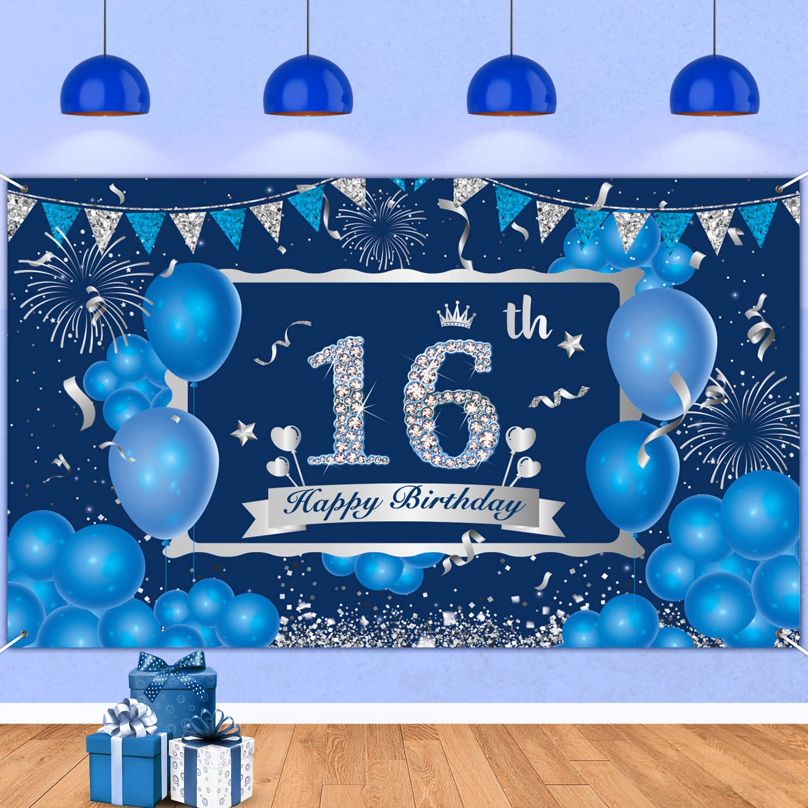 Blue Silver Happy 16Th Birthday Decorations For Boys Girls Blue Silver Happy 16Th Birthday Banner Blue Silver 16Th Birthday Part