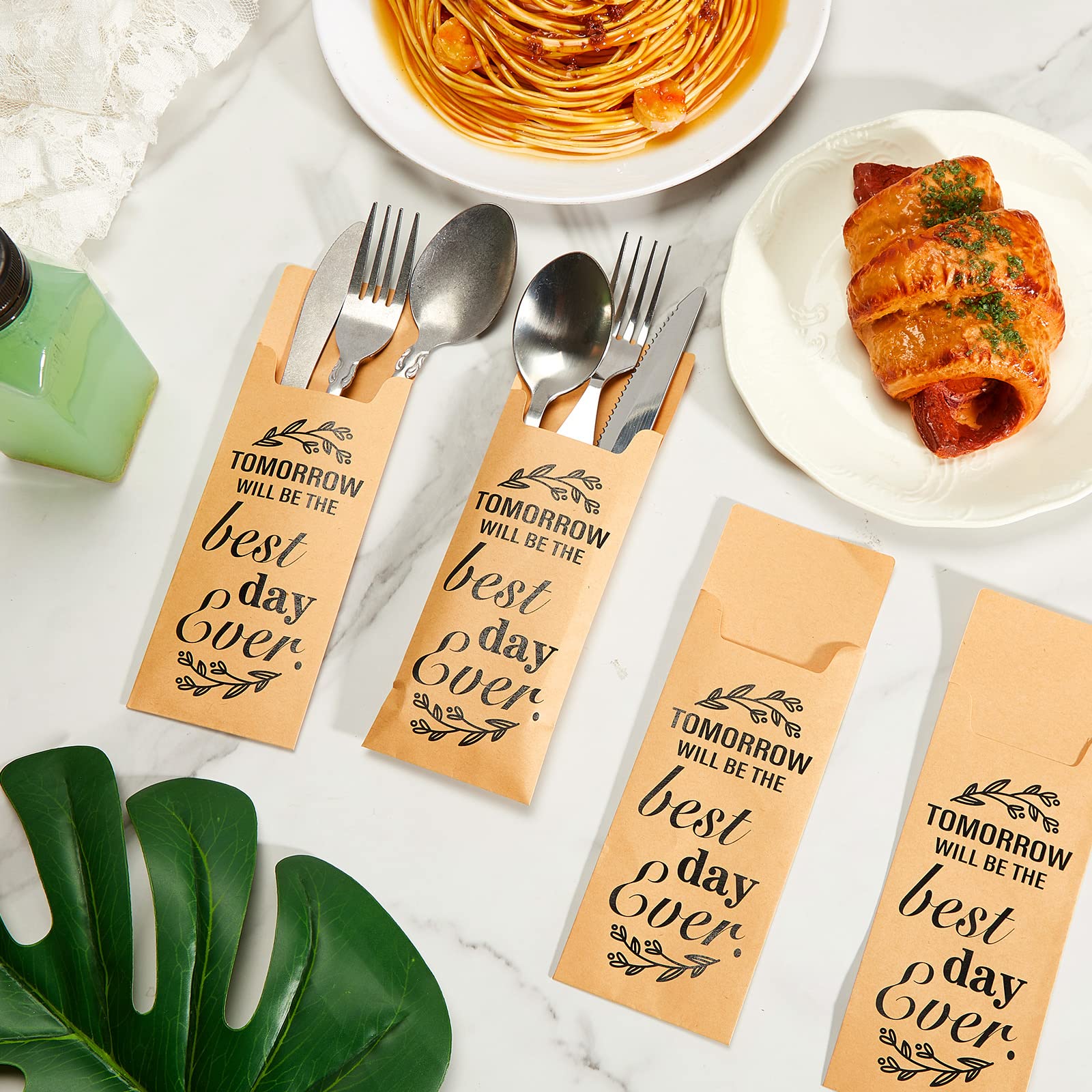 Gueevin 100 Pcs Tomorrow Will Be The Best Day Ever Wedding Paper Silverware Bags Utensil Holder Rustic Cutlery Pouch Bag For Wed