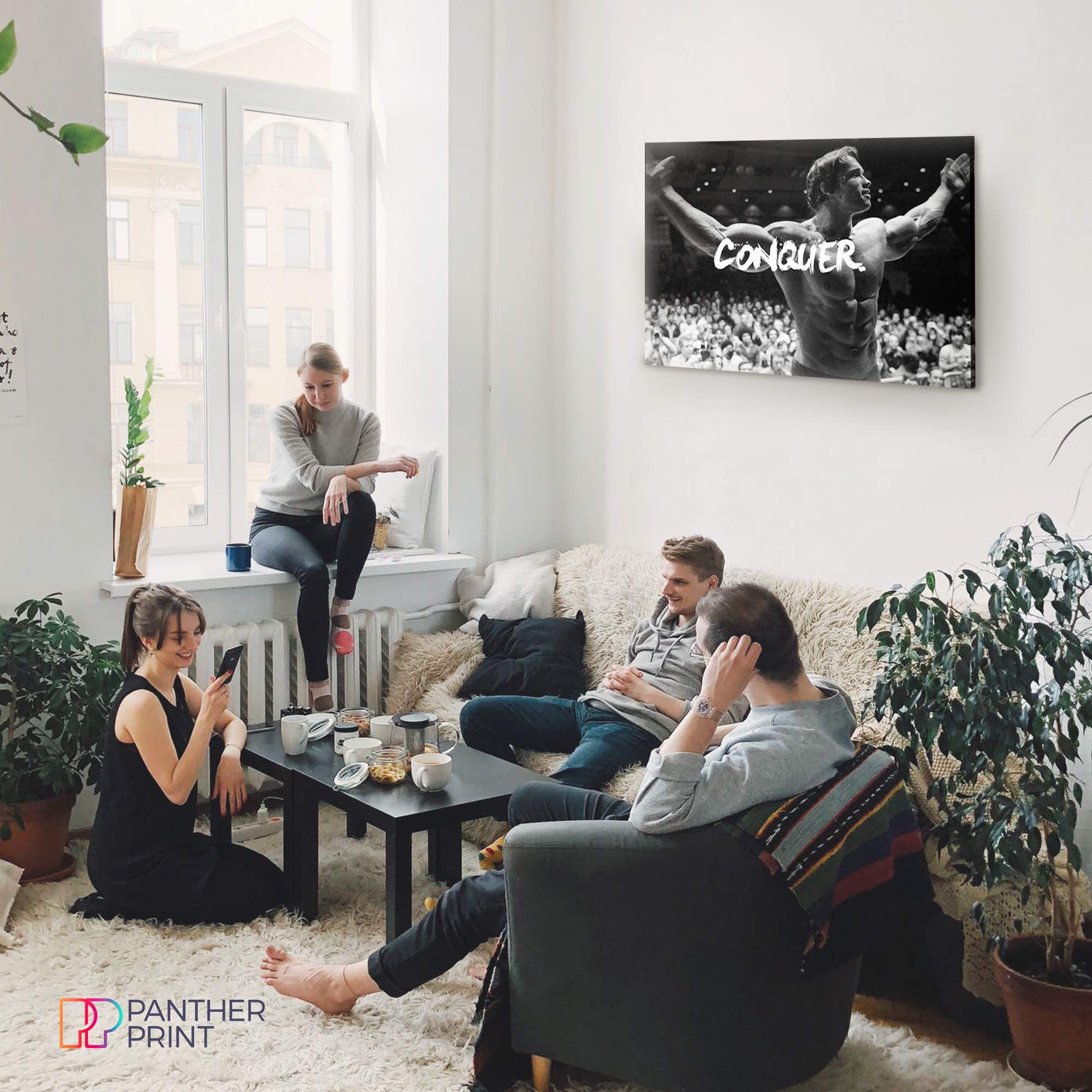 Panther Print  Large Canvas Wall Art  Beautiful Living Room Framed Art  Quality Picture Prints for Walls  Motivational Design  Arnold Schwarzenegger Conquer  Print for Special Occasions (30 x 20 Inch)
