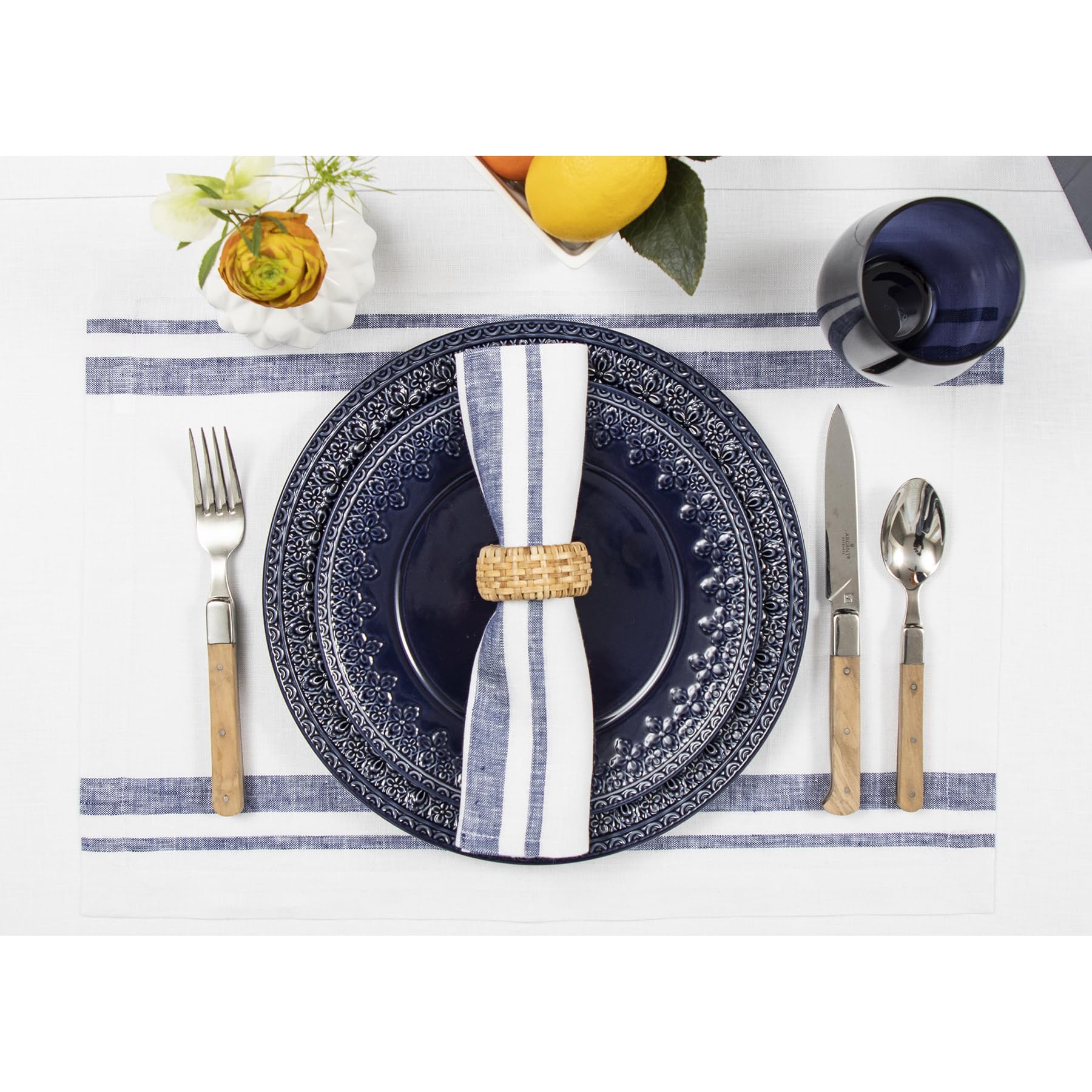 Solino Home French Linen Napkins Set Of 4 - 100% Pure Linen Navy And White Cloth Napkins - 20 X 20 Inch Stripe Washable Dinner N