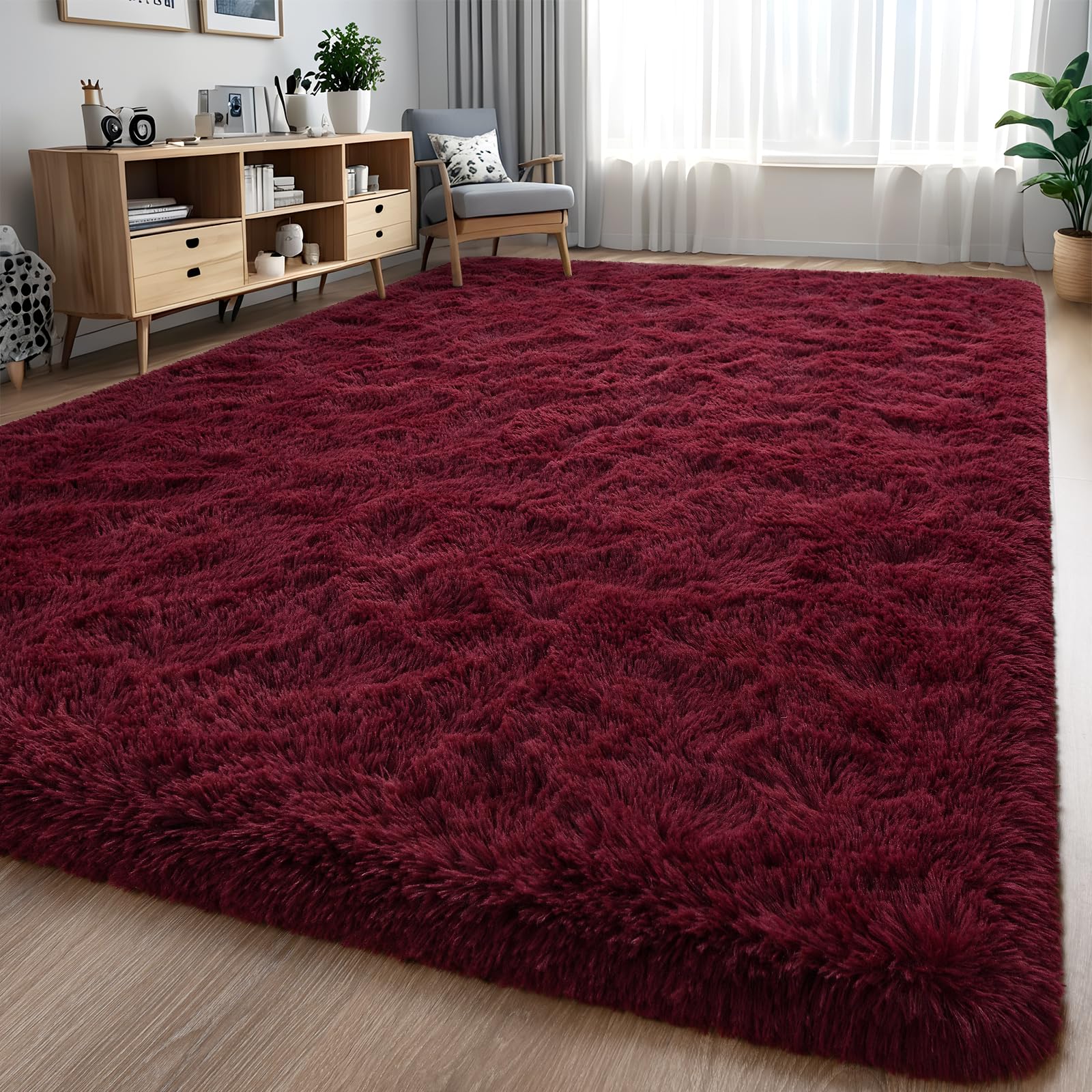 Larhom Burgundy Fluffy Area Rugs for Living Room Bedroom,6x9 Feet Ultra Soft Indoor Modern Plush Fuzzy Rug, Thickened Carpet for
