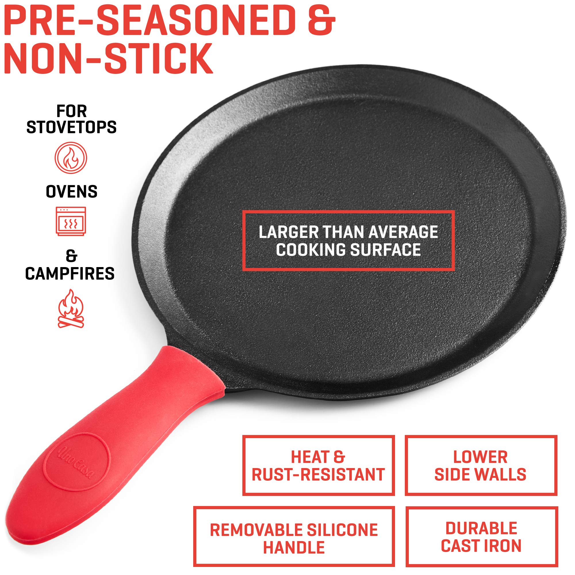 Uno Casa Cast Iron Tortilla Press 8 Inch with Comal Pan - Roti Skillet, Tawa Pan, Dosa Pan, Black Cast Iron Bundle