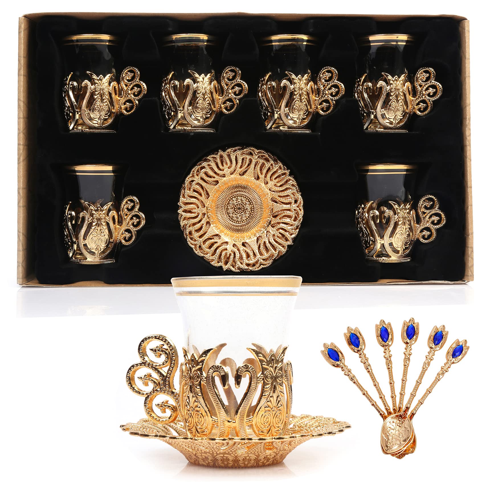 Alisveristime (Set Of 6 Handmade Turkish Tea Water Zamzam Serving Set Glasses Saucer And Spoon (Ottoman) (Gold)