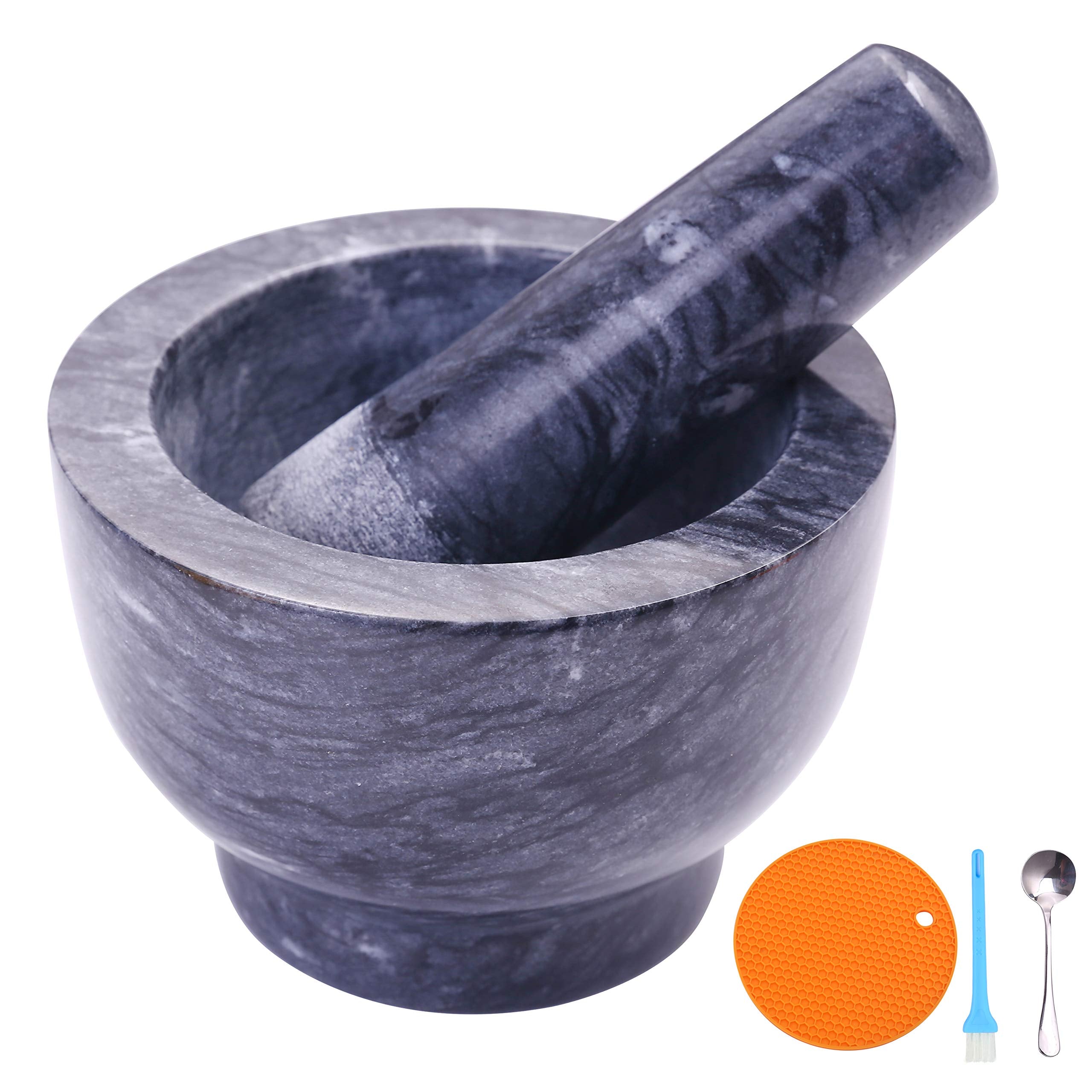Aisiming Mortar And Pestle Set Polished Natural Marble Guacamole Molcajete Bowl, Spices Grinder With Silicone Pad, Stainless Ste