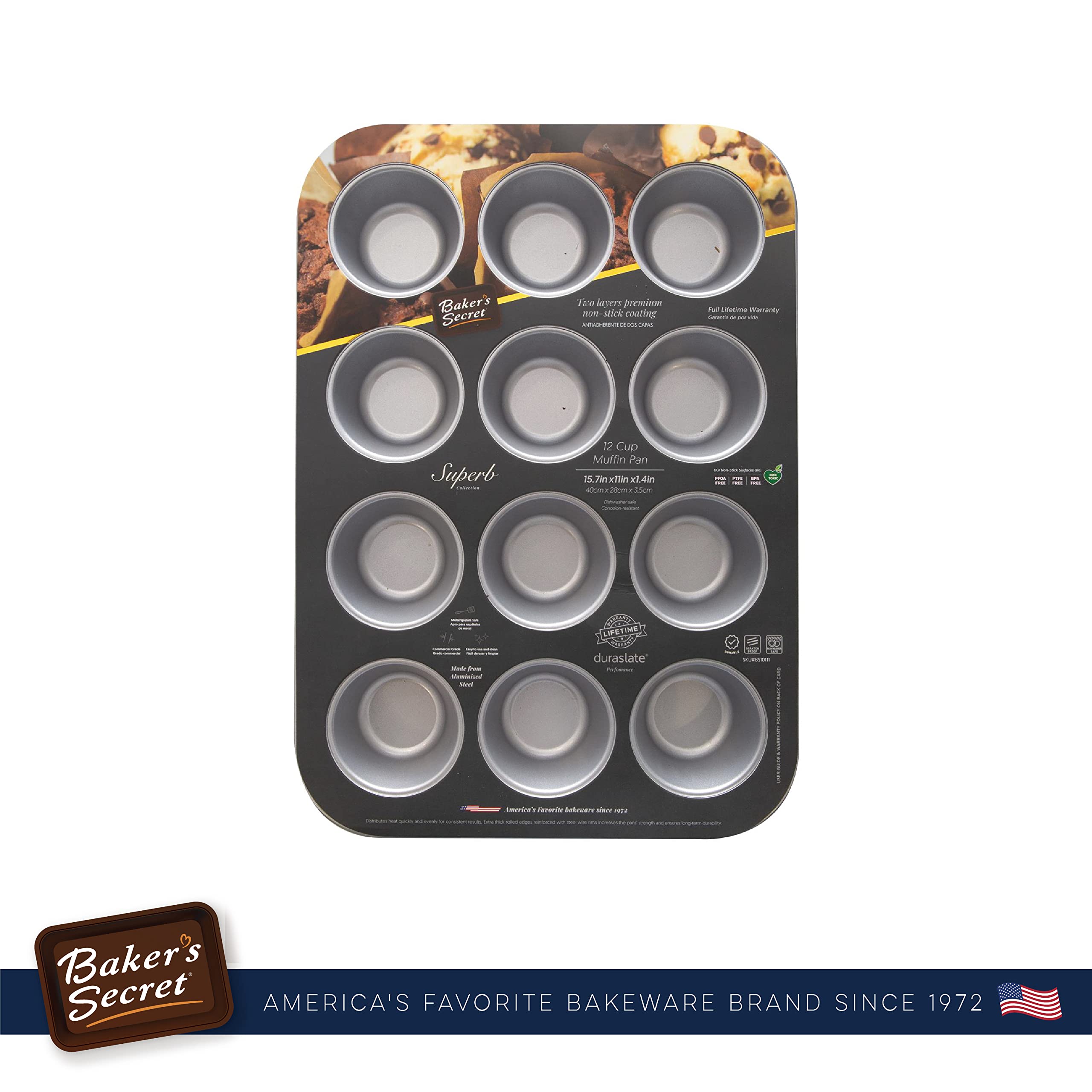 Baker'S Secret 12Cup Muffin Pan Cupcake Nonstick Pan - Aluminized Steel Pan Muffins Cupcakes 2 Layers Non Stick Coating Easy Rel